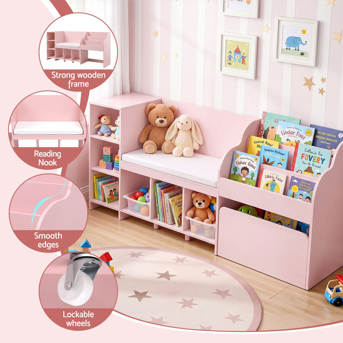 Kids Storage Unit Bookshelf Toy Box Organiser Bench Seat Cabinet 170cm Pink