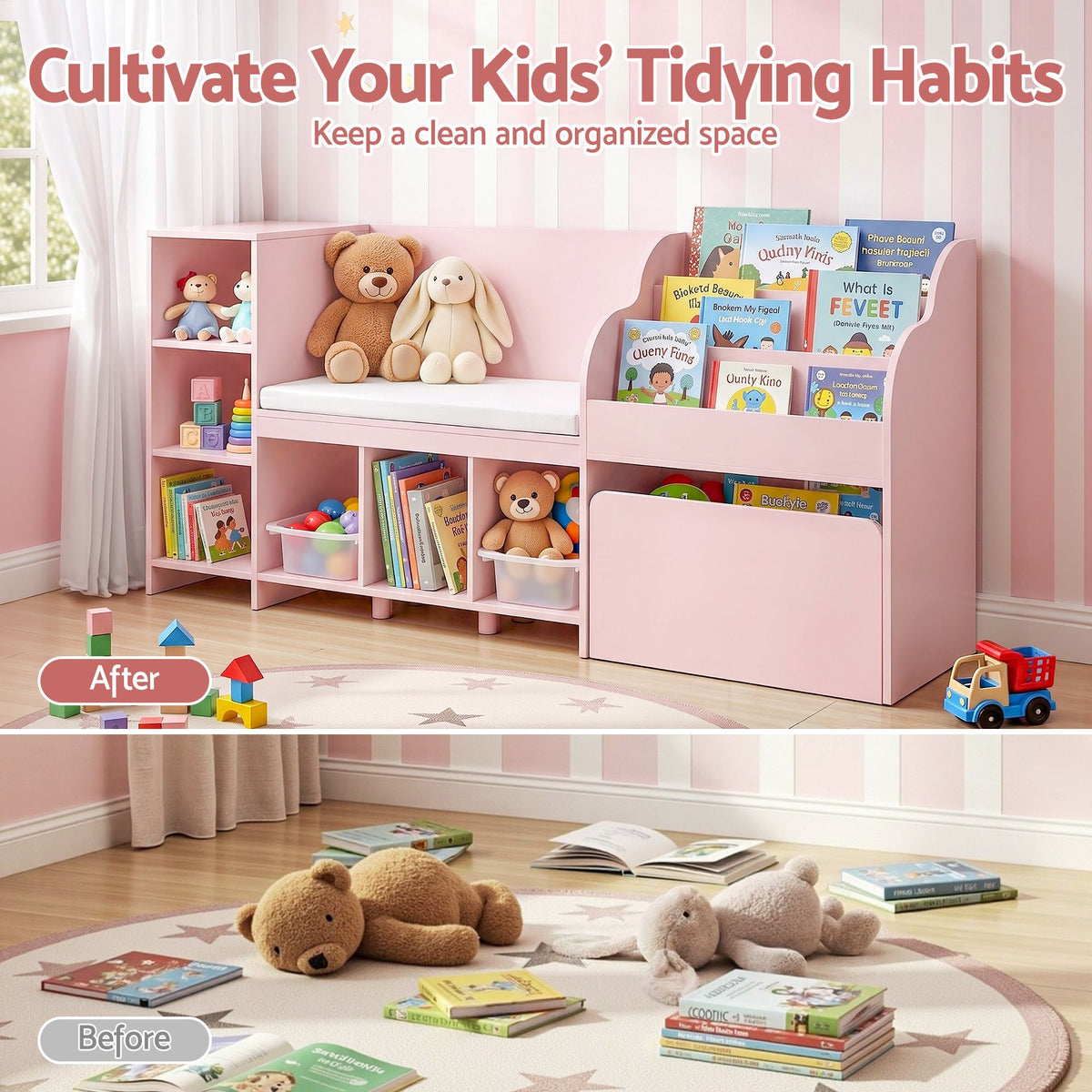 Kids Storage Unit Bookshelf Toy Box Organiser Bench Seat Cabinet 170cm Pink