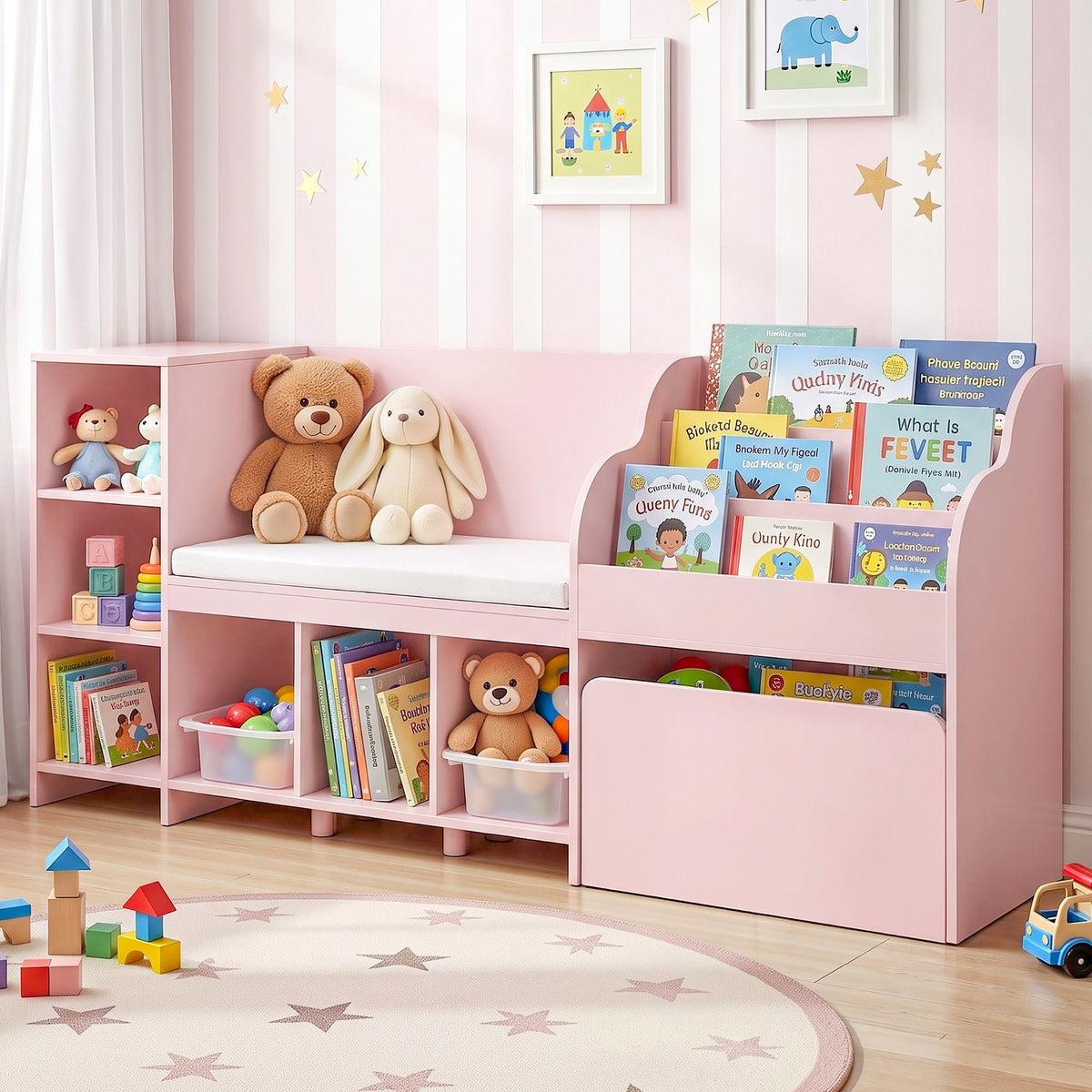 Kids Storage Unit Bookshelf Toy Box Organiser Bench Seat Cabinet 170cm Pink