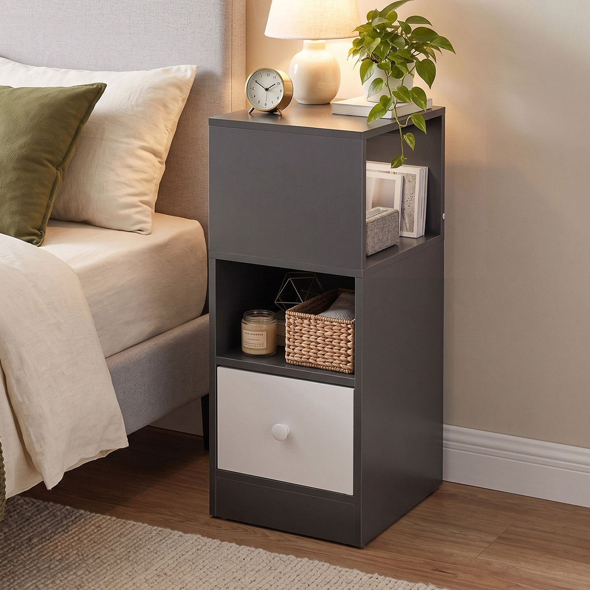 Narrow Bedside Table with 1 Drawer and Side Cabinet - Grey