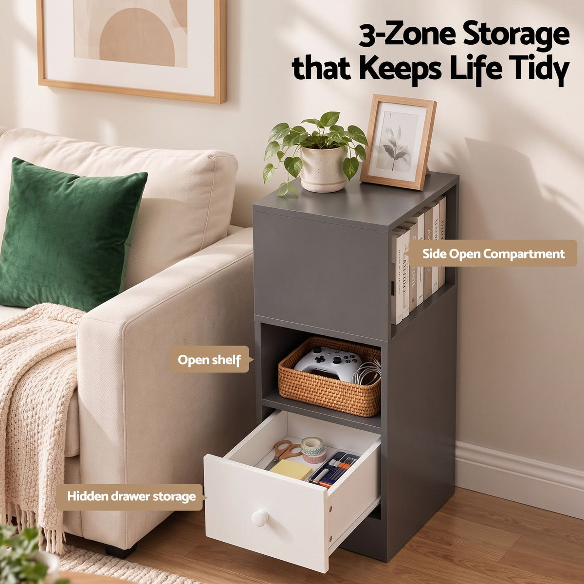 Narrow Bedside Table with 1 Drawer and Side Cabinet - Grey