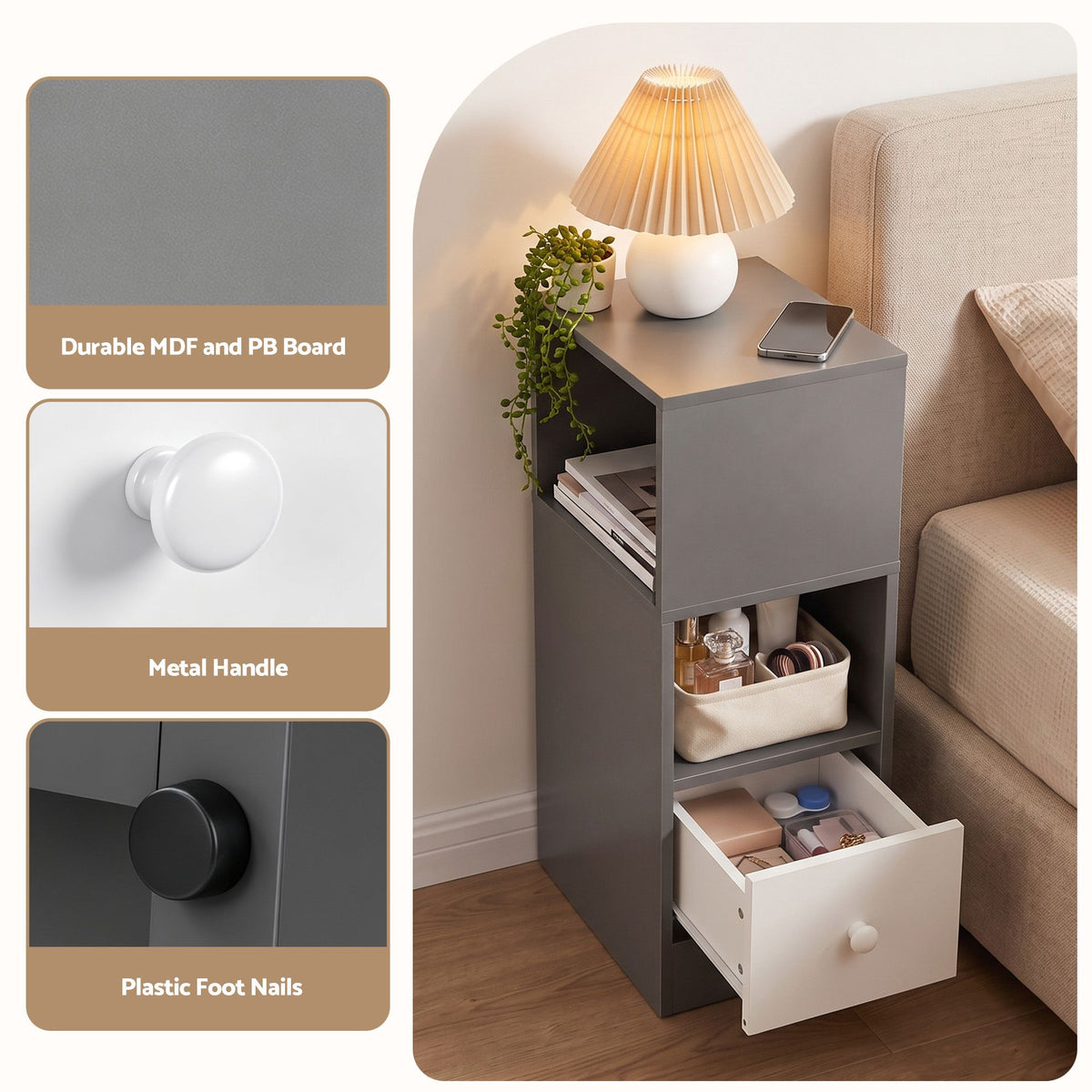 Narrow Bedside Table with 1 Drawer and Side Cabinet - Grey