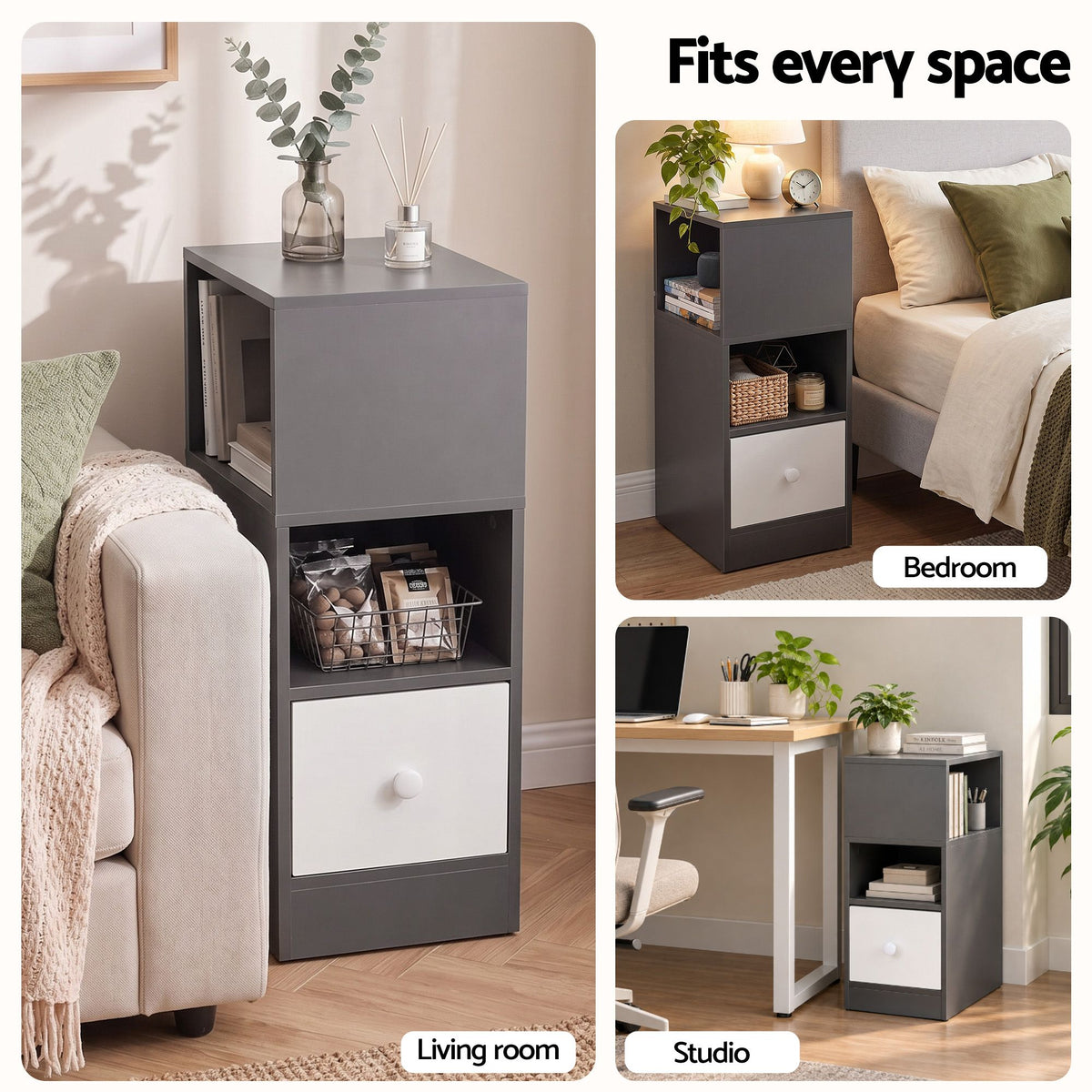 Narrow Bedside Table with 1 Drawer and Side Cabinet - Grey