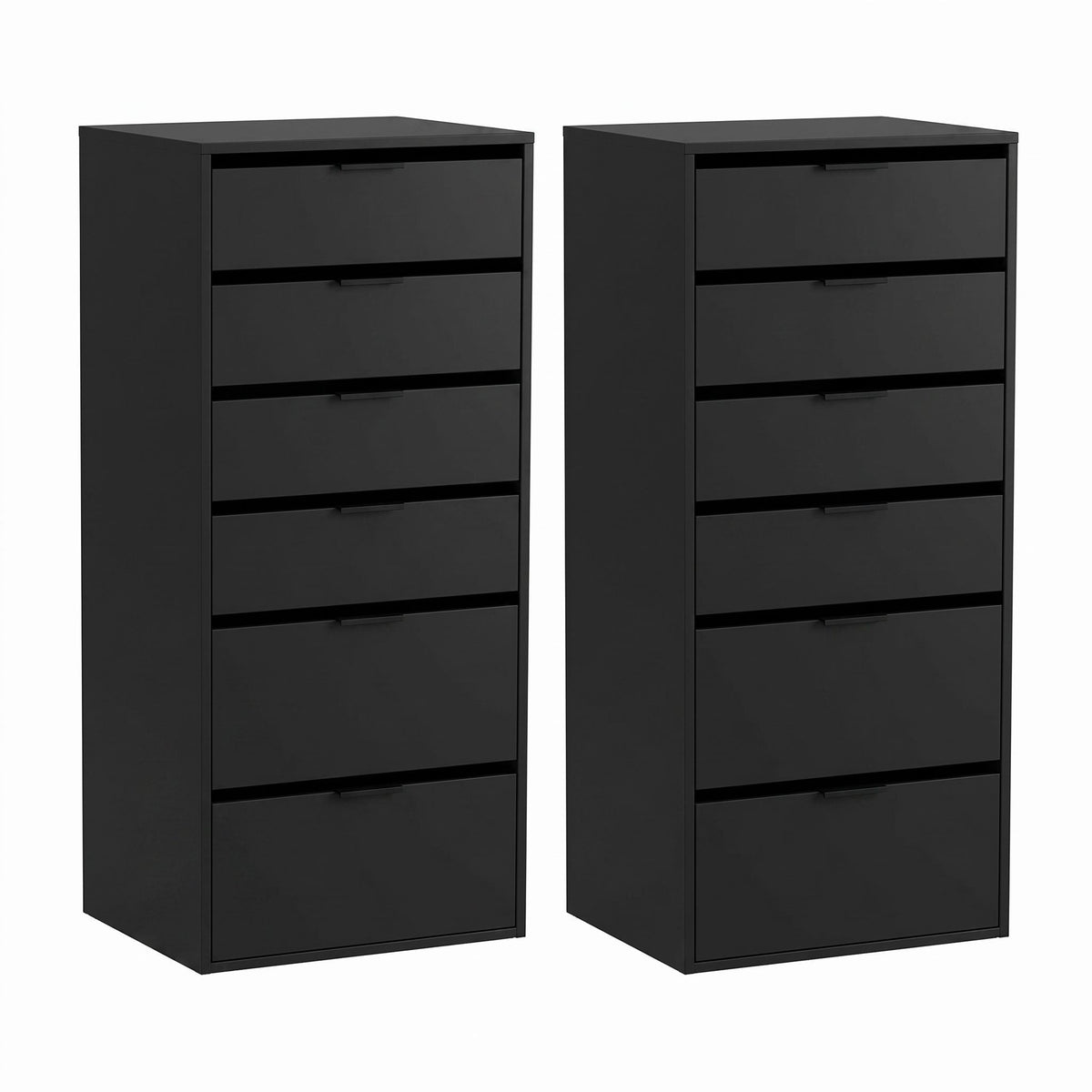 2x Chest of 6 Drawer Tallboy Dresser with Handle-Free Drawers - Black