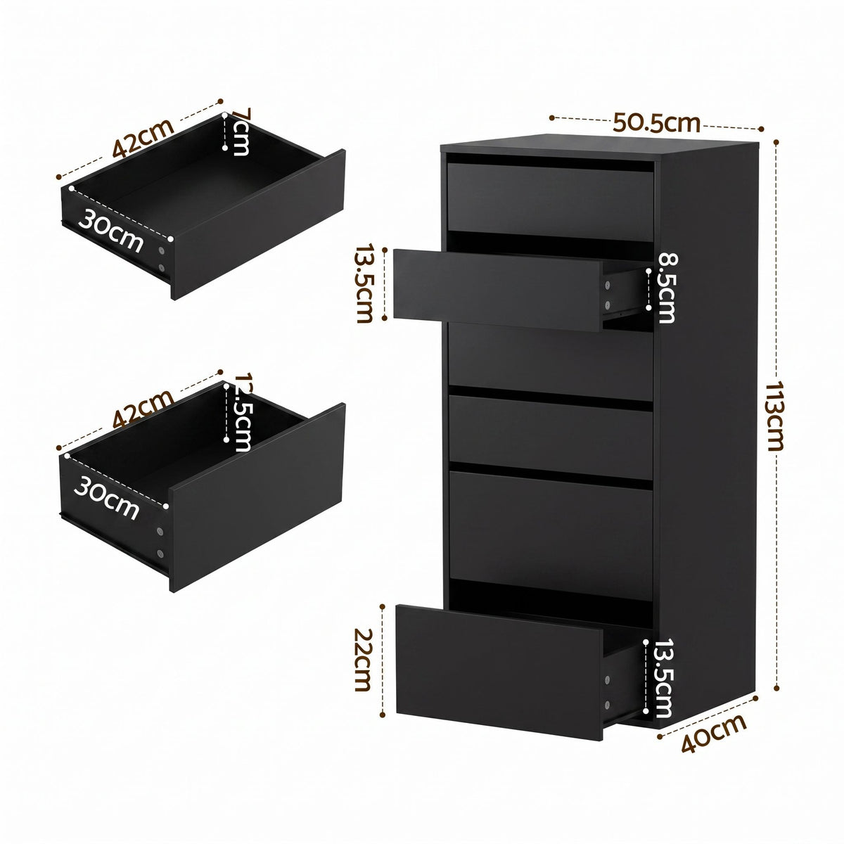 2x Chest of 6 Drawer Tallboy Dresser with Handle-Free Drawers - Black