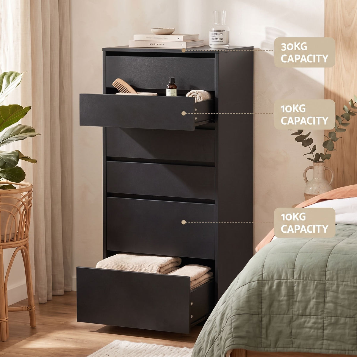 2x Chest of 6 Drawer Tallboy Dresser with Handle-Free Drawers - Black