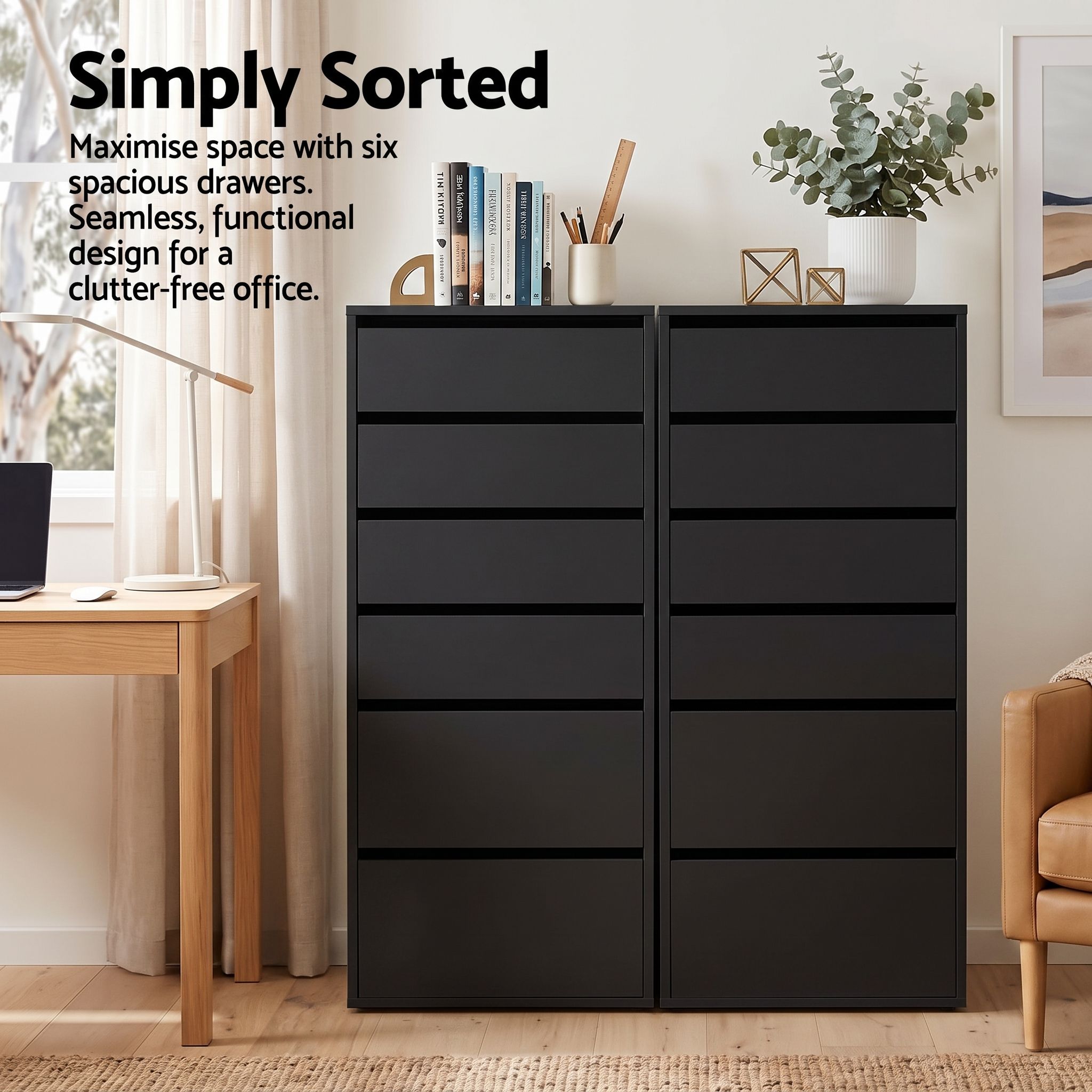 2x Chest of 6 Drawer Tallboy Dresser with Handle-Free Drawers - Black