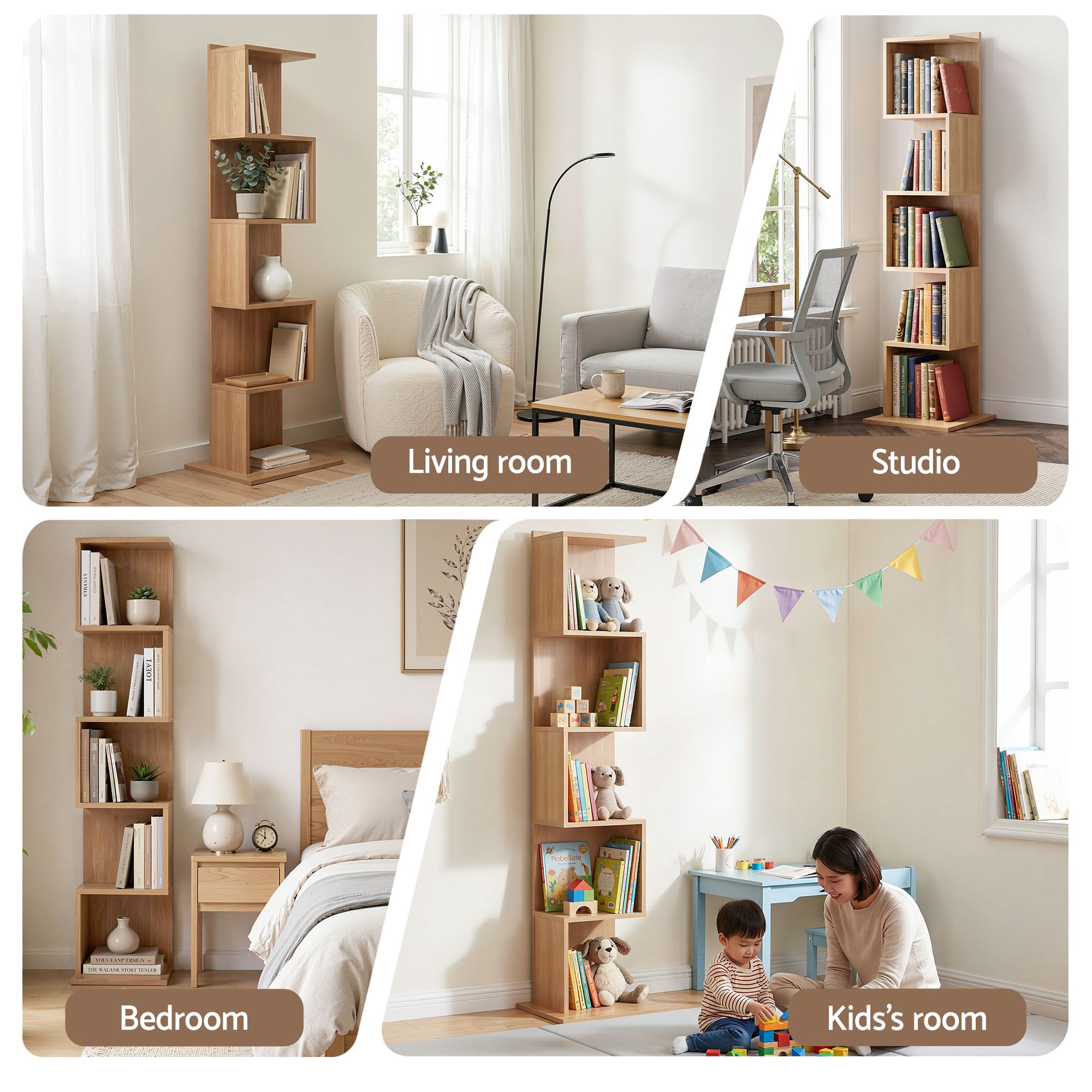5 Tiers Bookshelf S-shaped Bookcase Oak