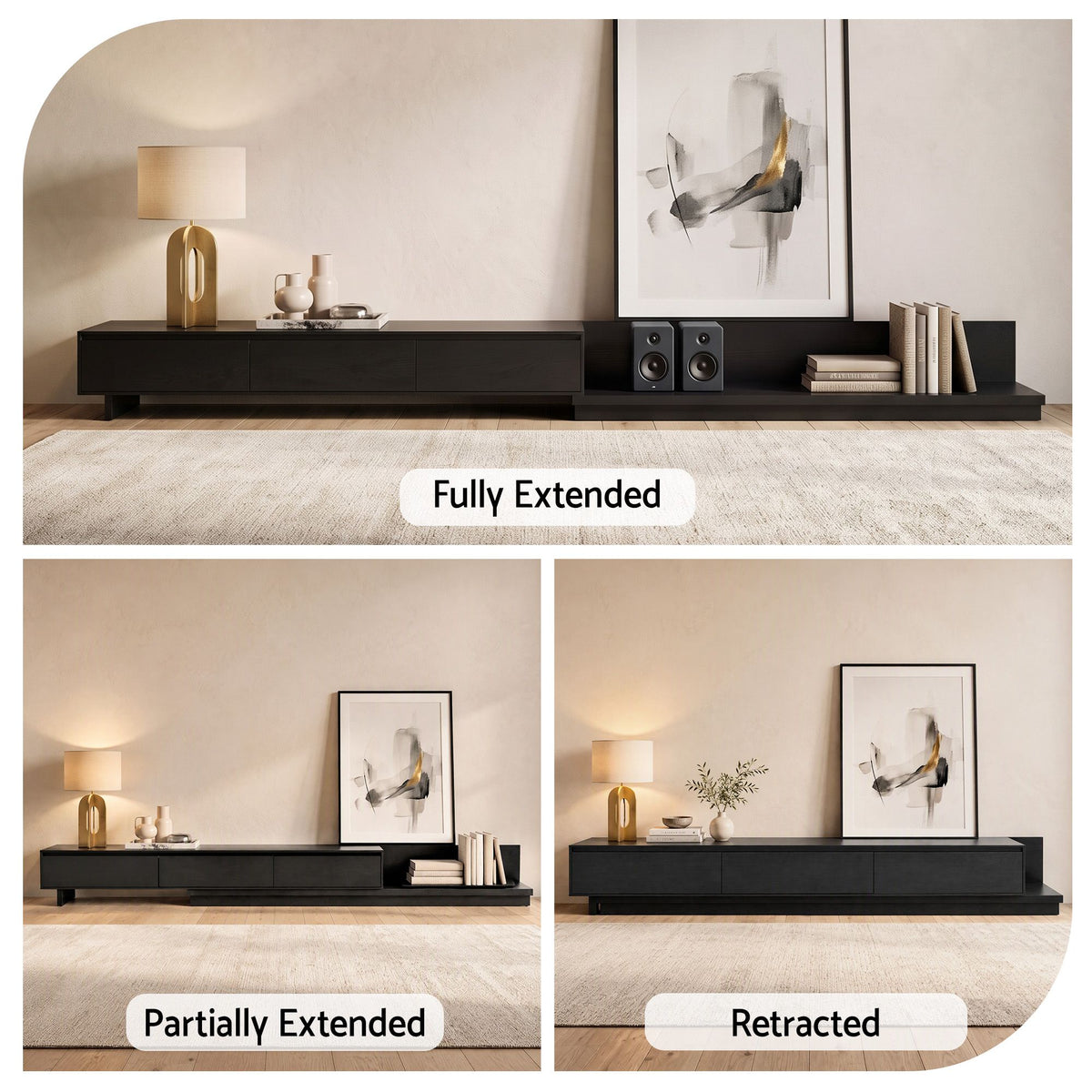 Extendable TV Unit 200-380CM with 3 Storage Drawers for TVs up to 85" - Dark Walnut & Black