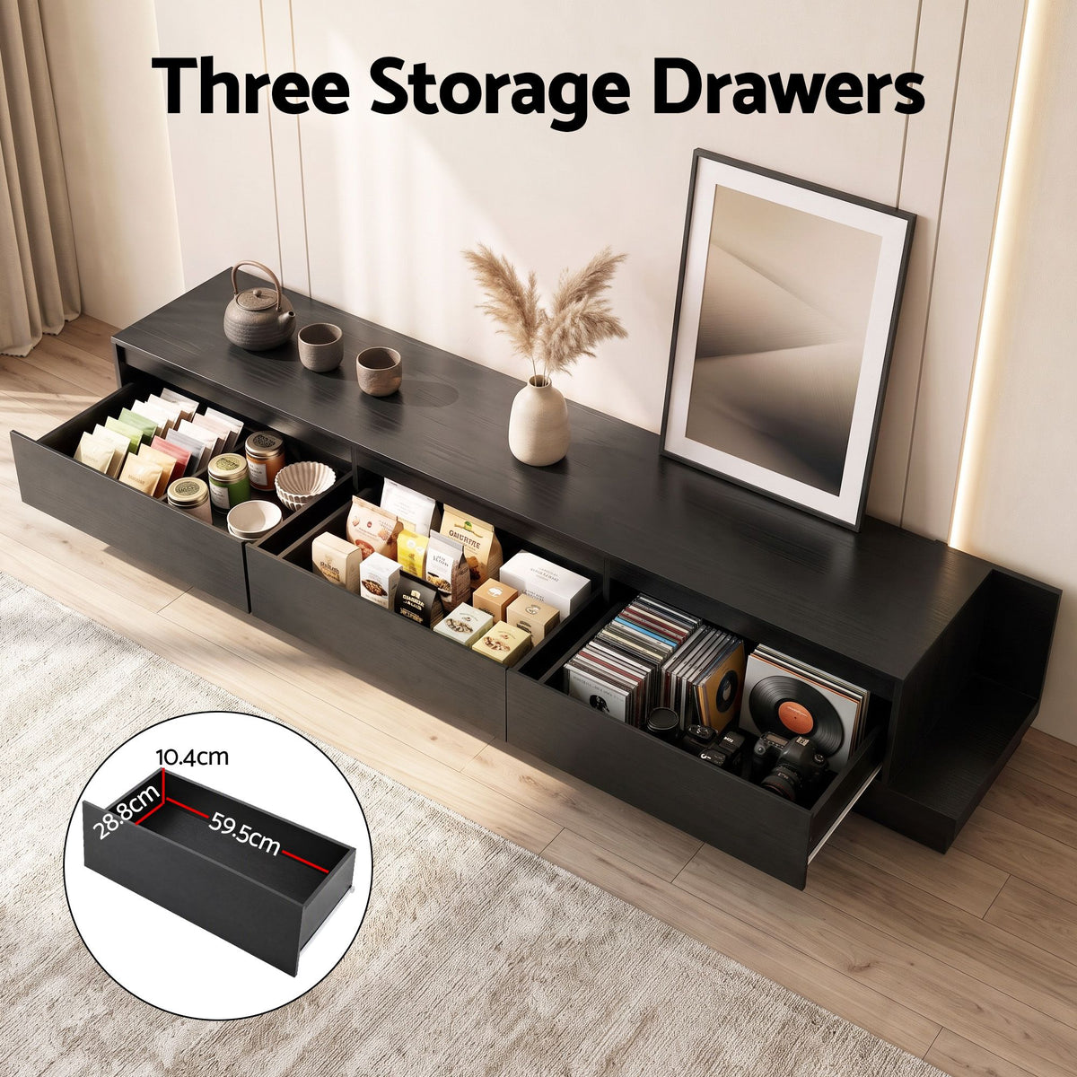 Extendable TV Unit 200-380CM with 3 Storage Drawers for TVs up to 85" - Dark Walnut & Black