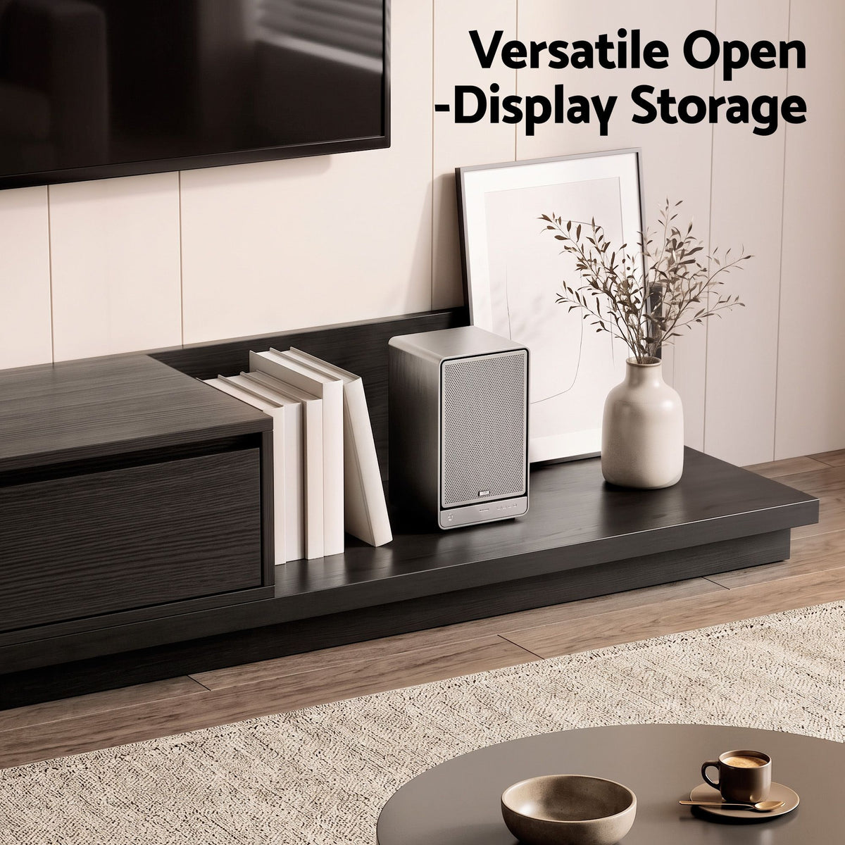 Extendable TV Unit 200-380CM with 3 Storage Drawers for TVs up to 85" - Dark Walnut & Black