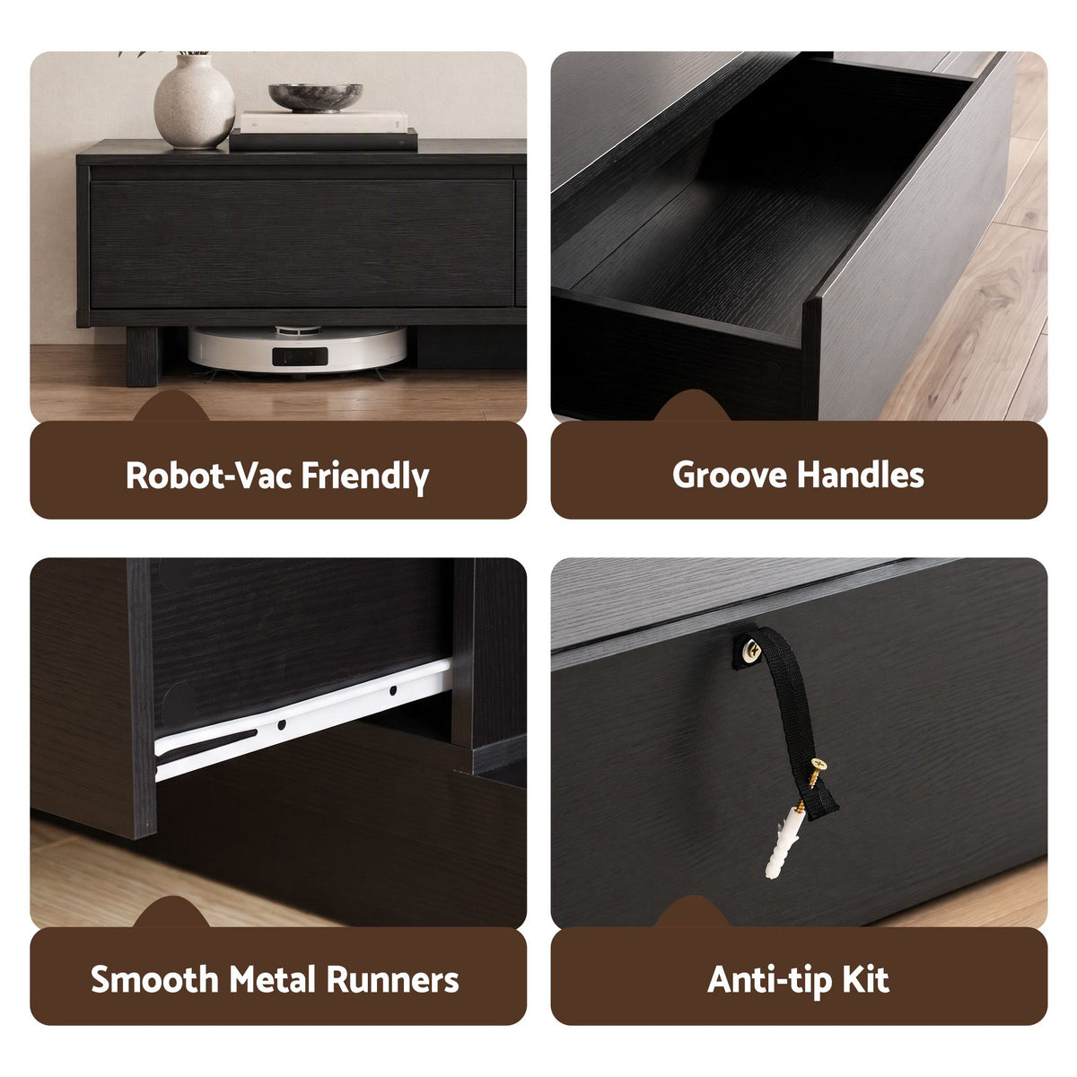 Extendable TV Unit 200-380CM with 3 Storage Drawers for TVs up to 85" - Dark Walnut & Black