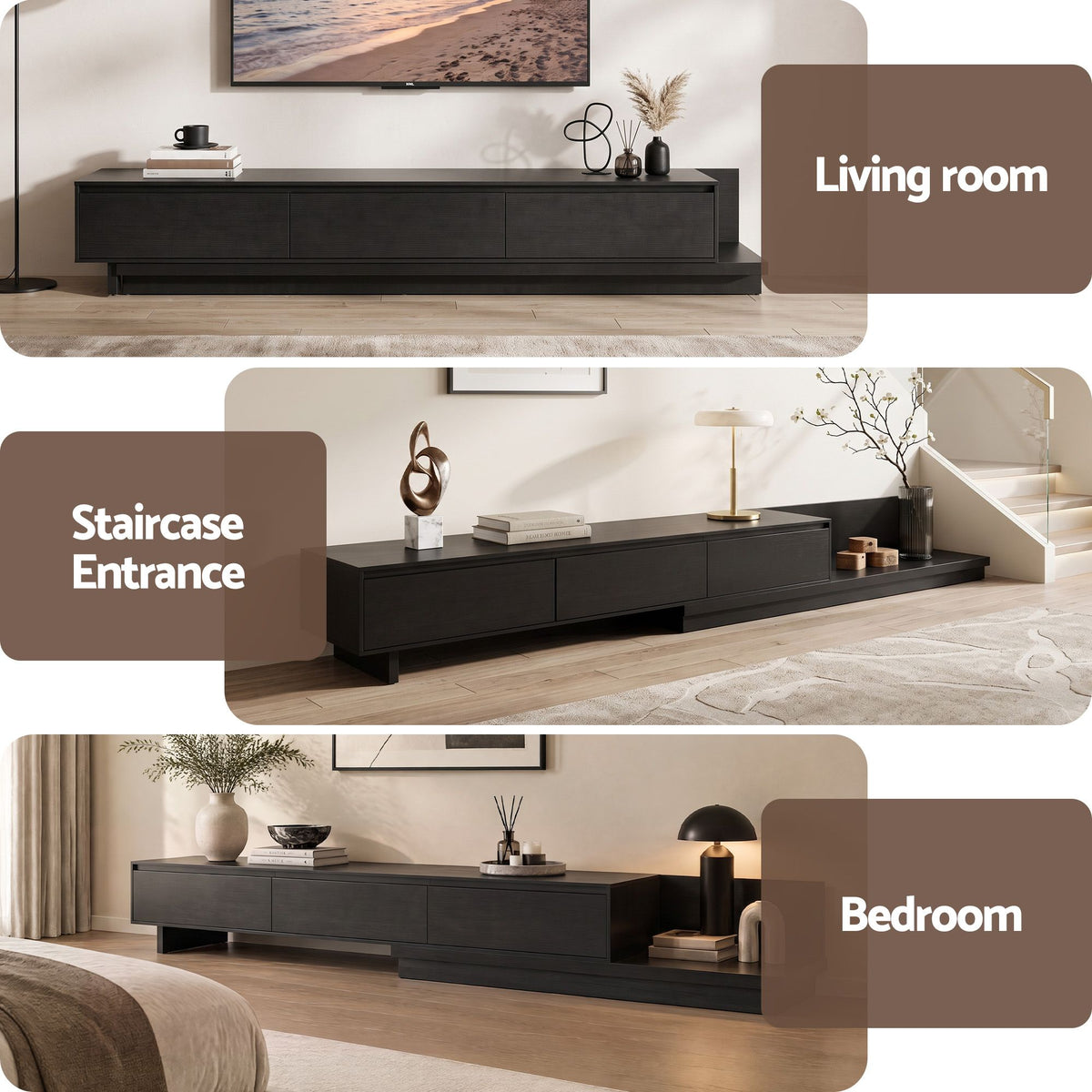 Extendable TV Unit 200-380CM with 3 Storage Drawers for TVs up to 85" - Dark Walnut & Black