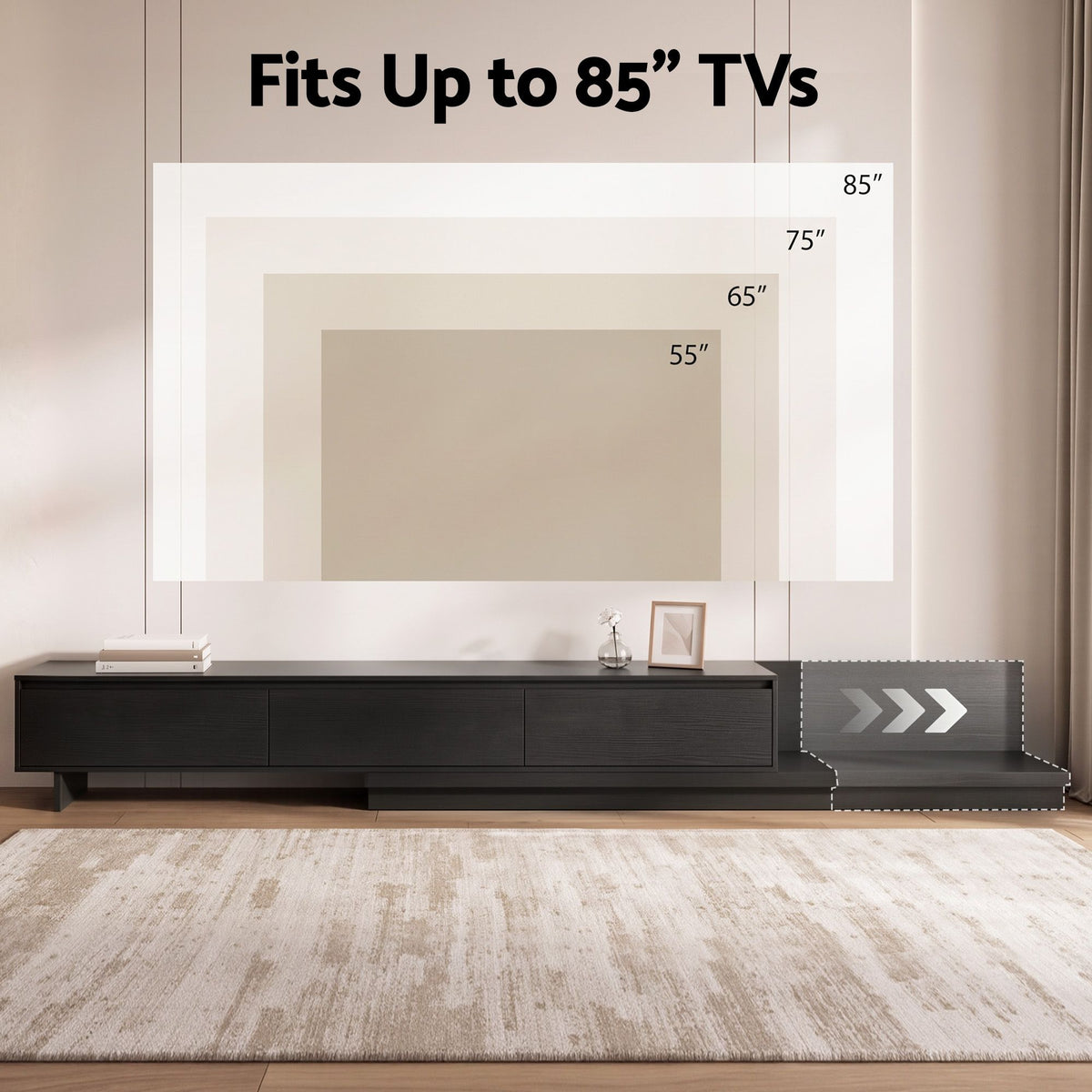 Extendable TV Unit 200-380CM with 3 Storage Drawers for TVs up to 85" - Dark Walnut & Black