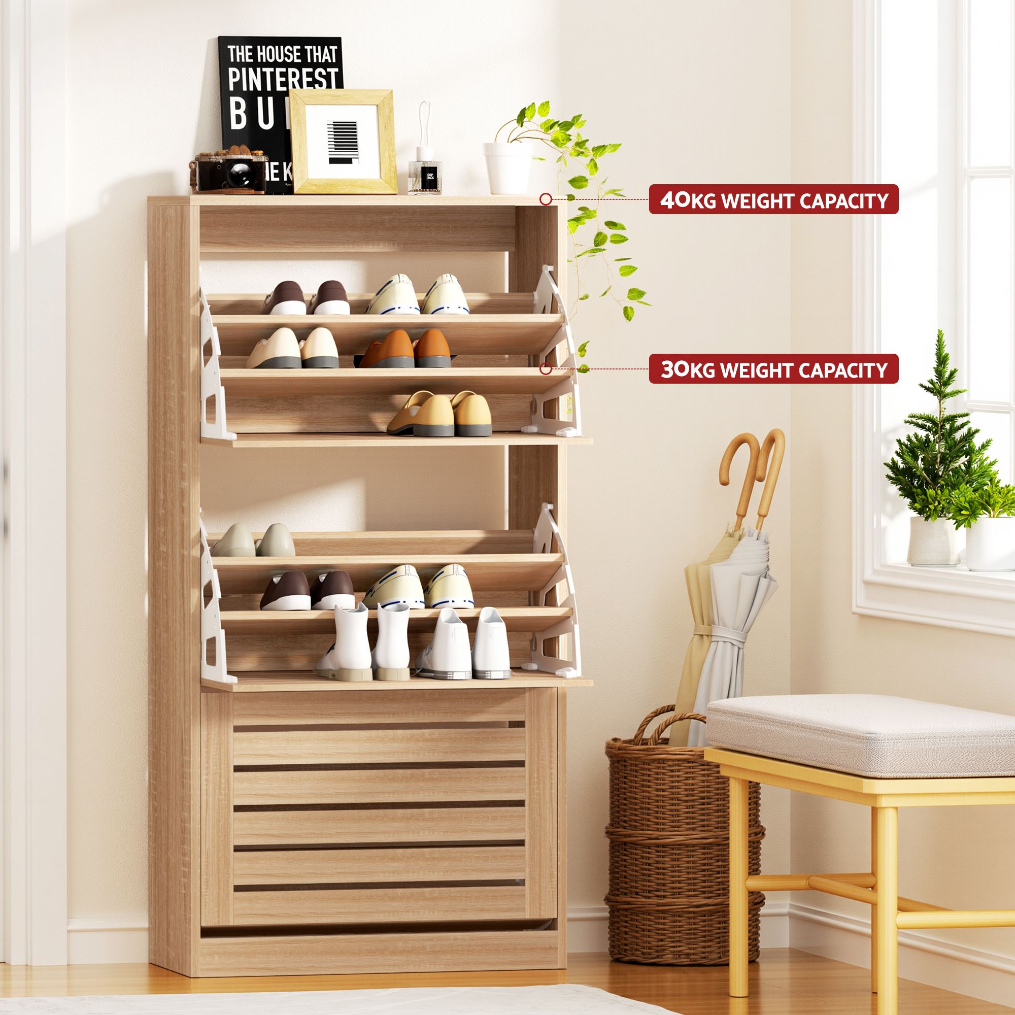 2x Shoe Cabinet Storage Organiser 3 Flip Drawer Pine