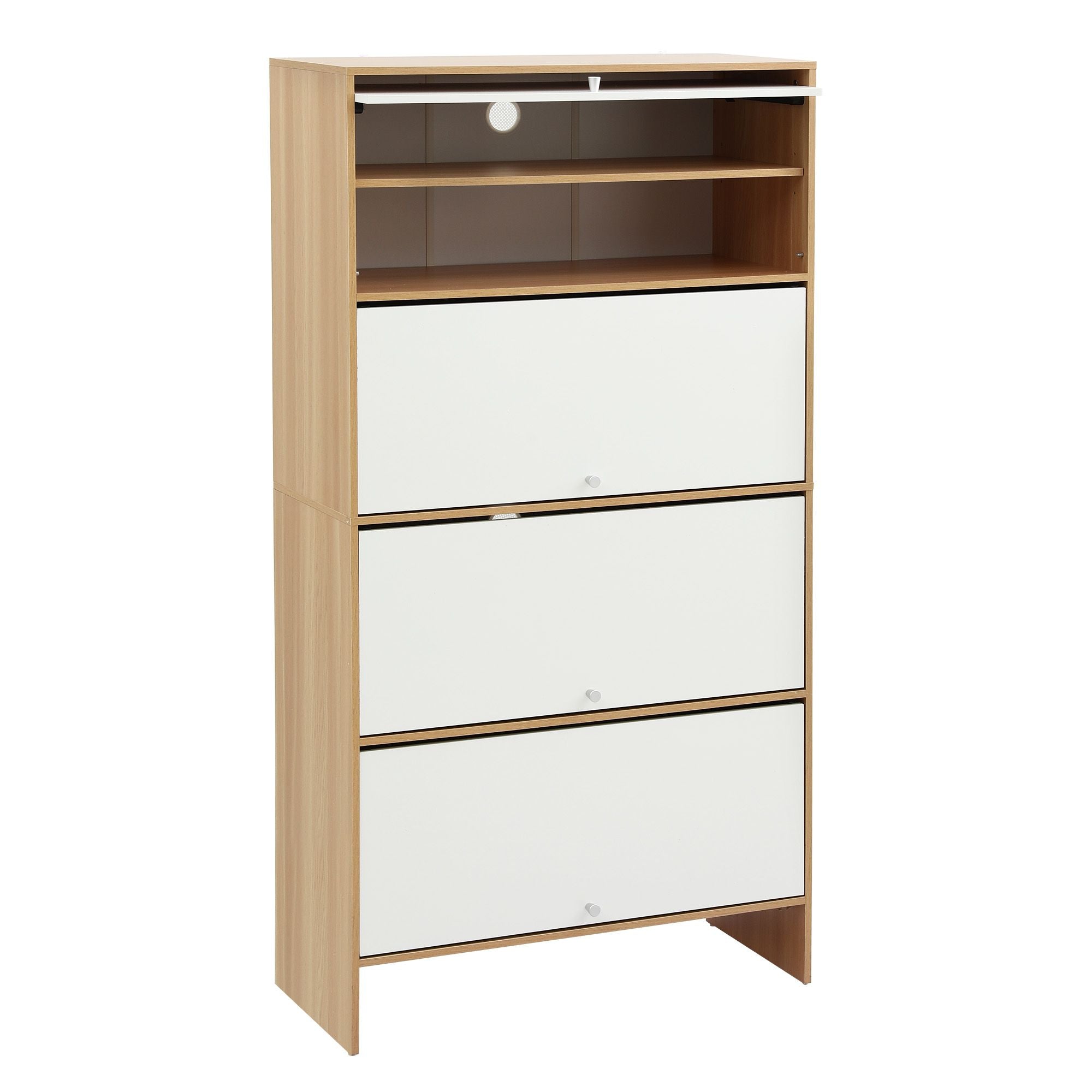 Narrow Shoe Cabinet Adjustable Shelves Flip-up Door White & Pine