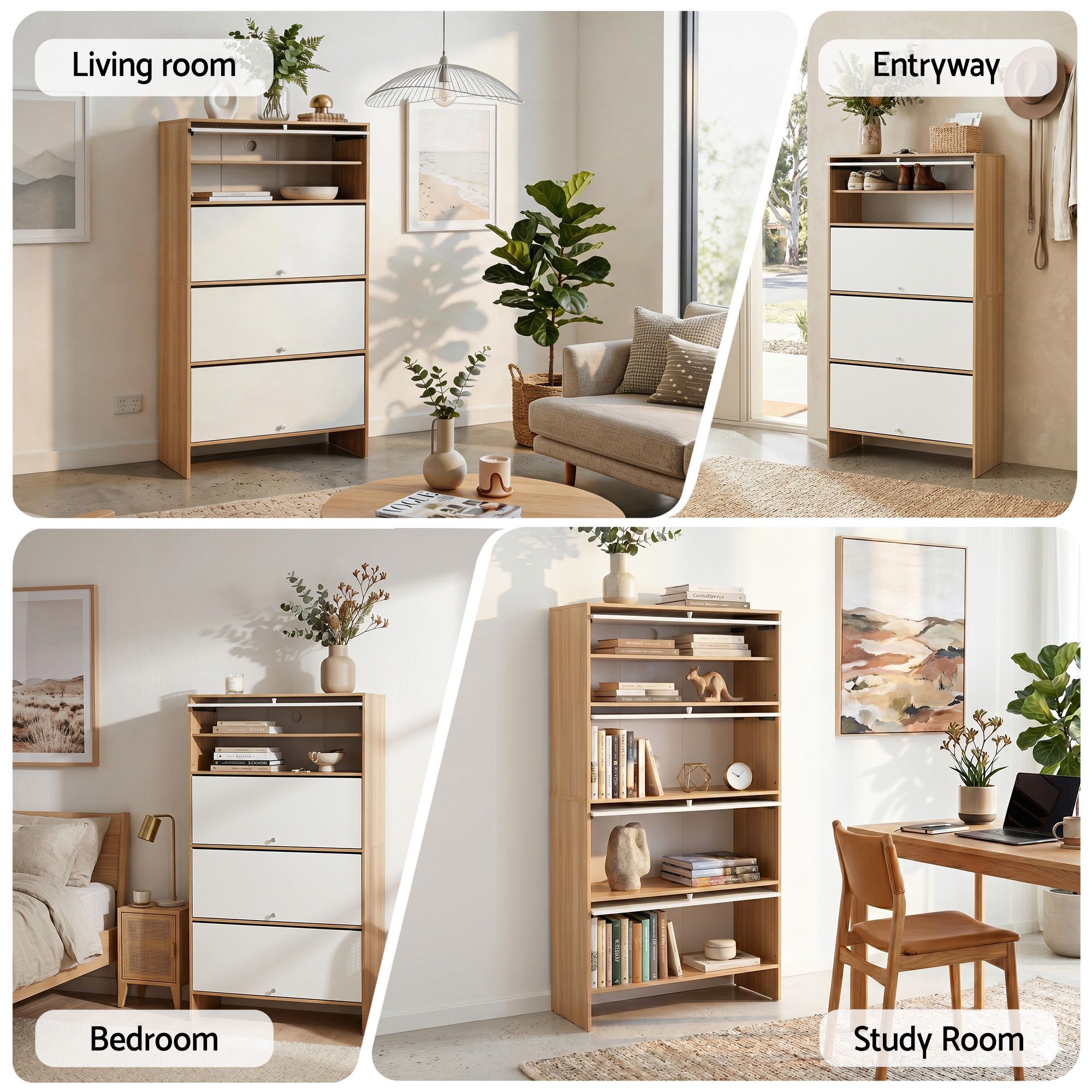 Narrow Shoe Cabinet Adjustable Shelves Flip-up Door White & Pine