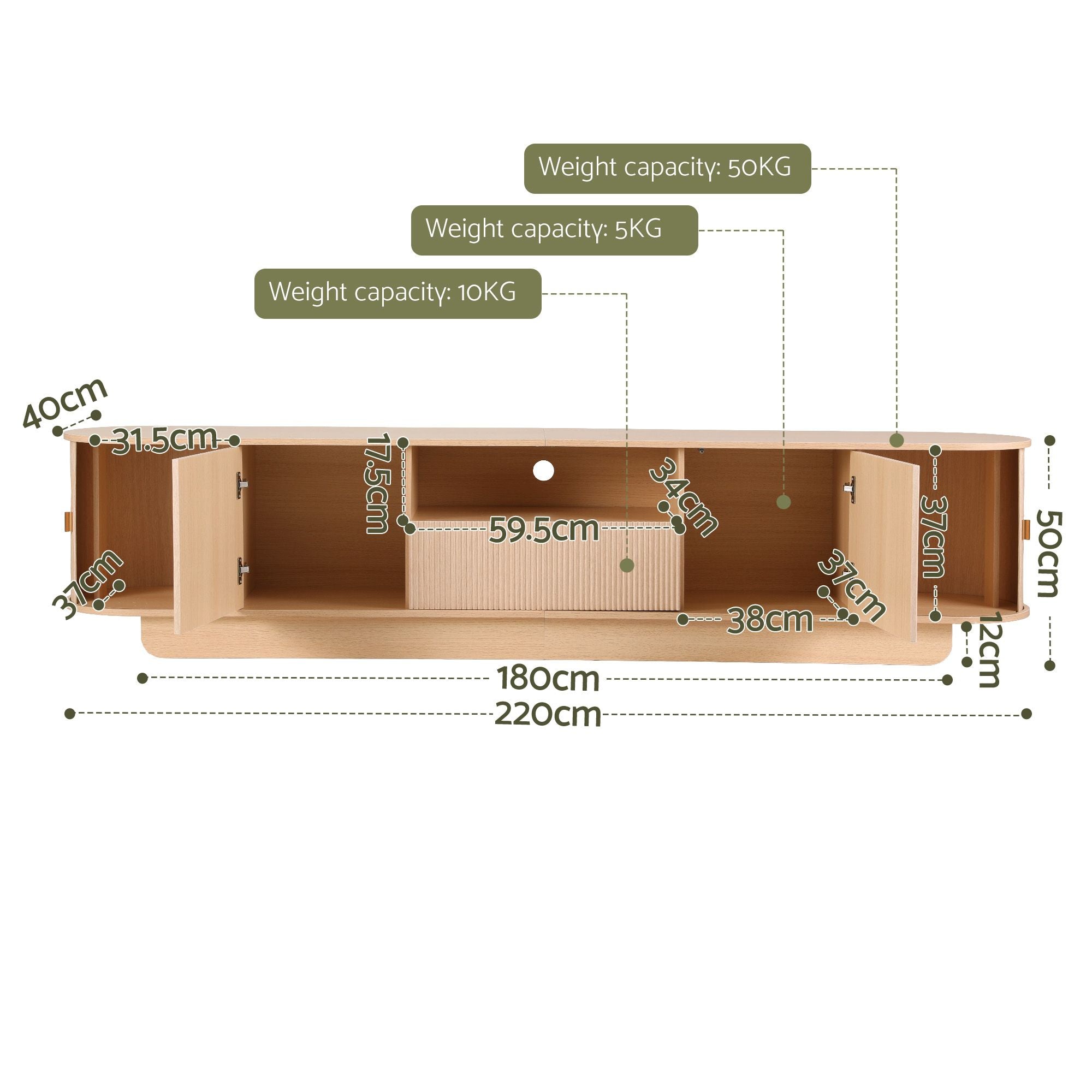 220cm TV Unit Rounded Edge Slide Side Cabinet Door Pine