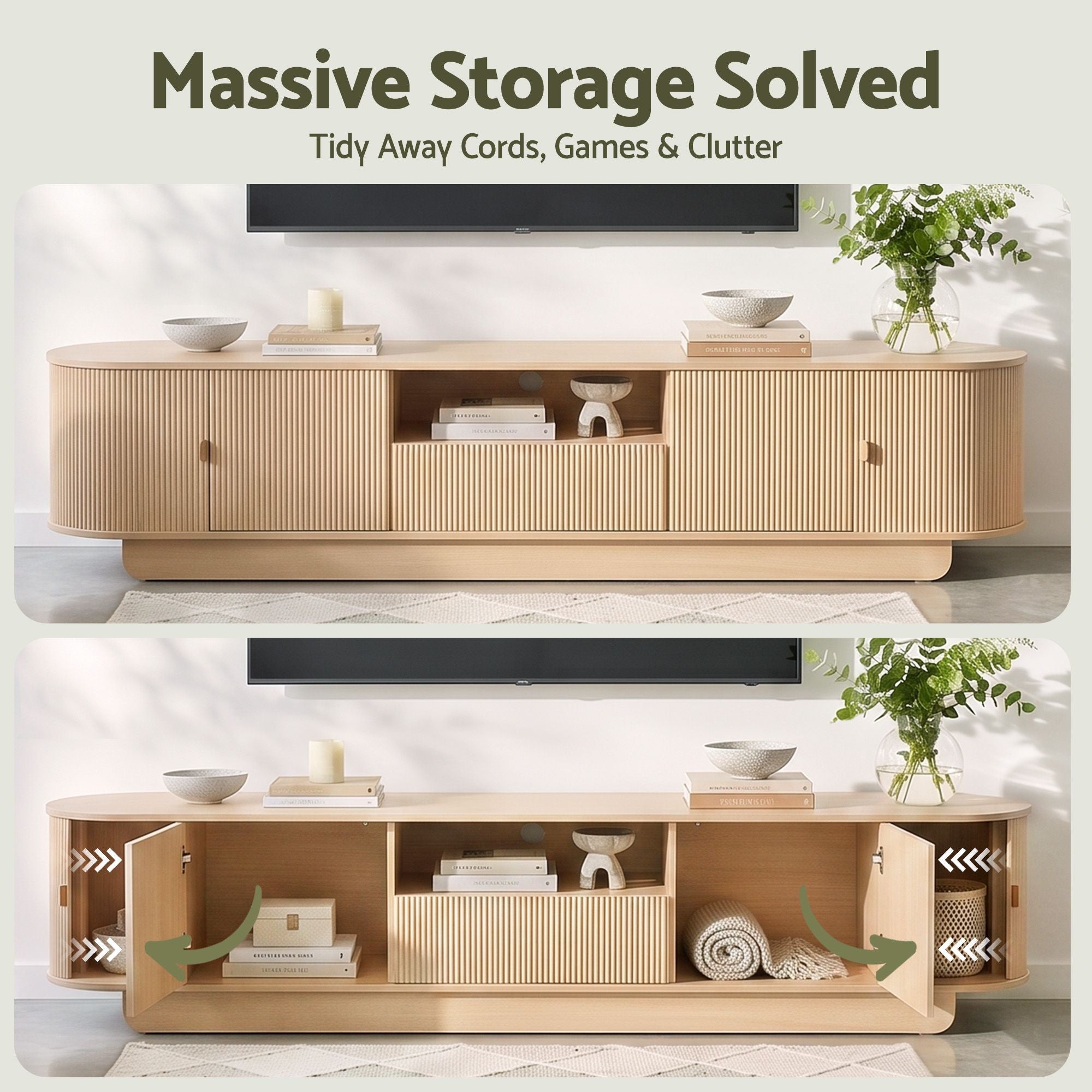 220cm TV Unit Rounded Edge Slide Side Cabinet Door Pine