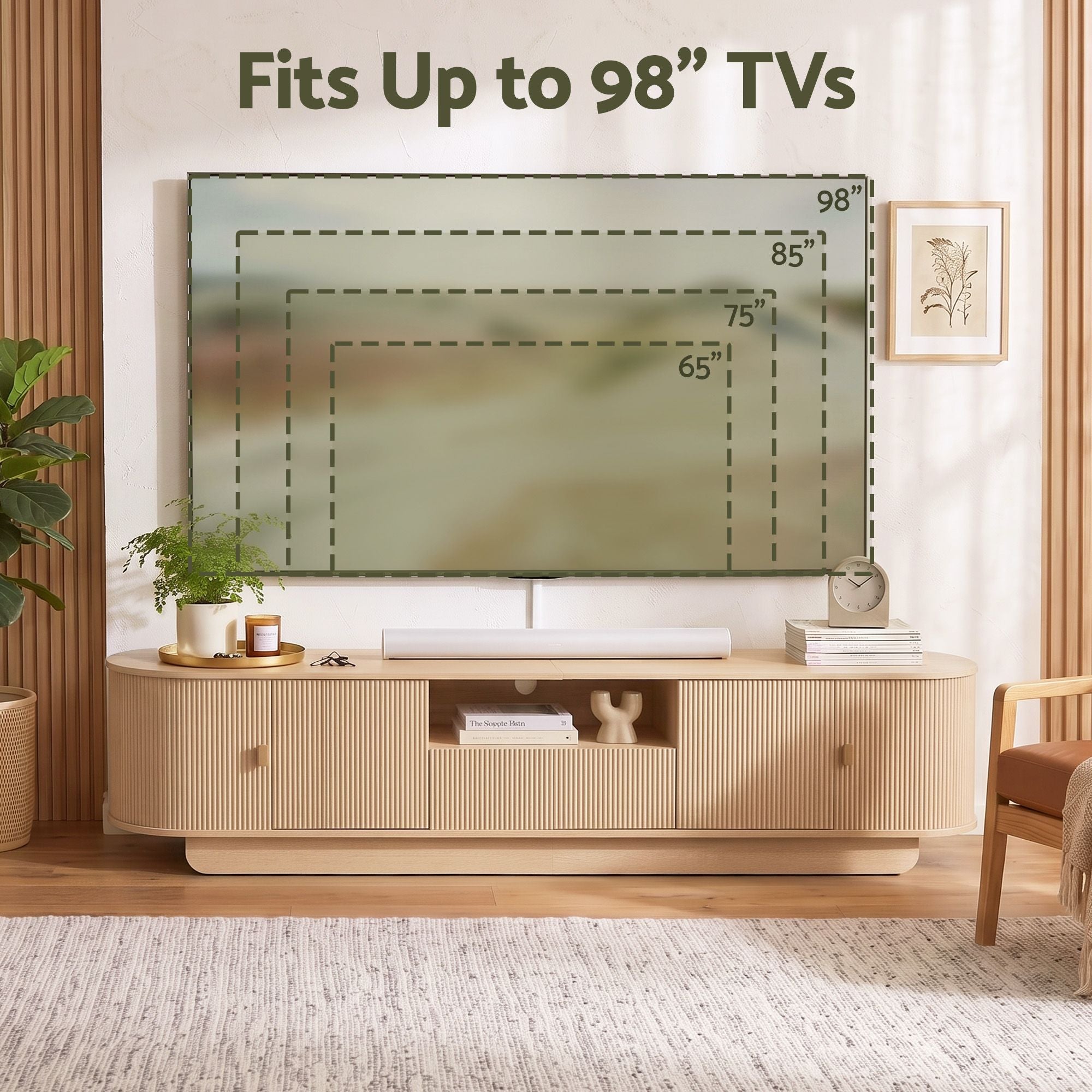 220cm TV Unit Rounded Edge Slide Side Cabinet Door Pine