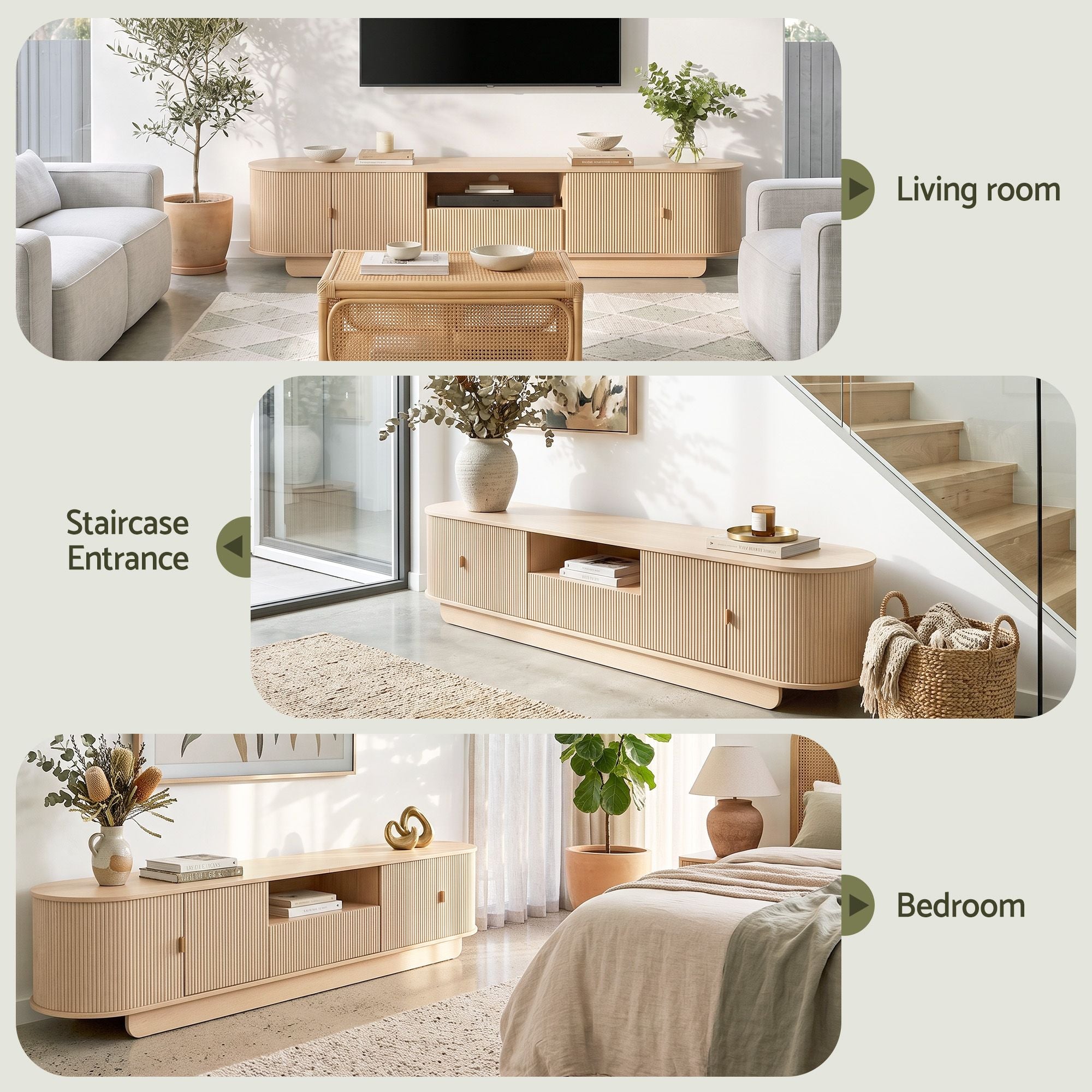220cm TV Unit Rounded Edge Slide Side Cabinet Door Pine