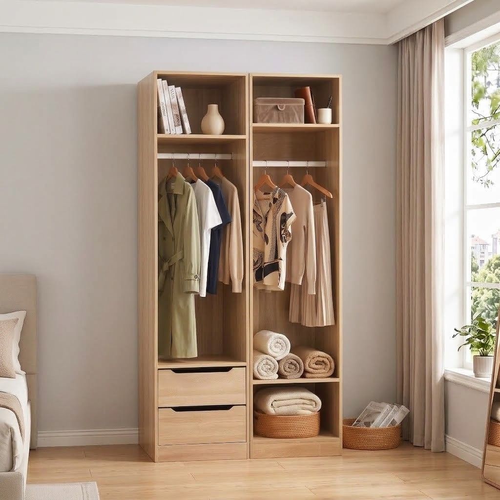2X Wardrobe Clothes Closet Storage Organiser with Shelves and Drawers - Pine