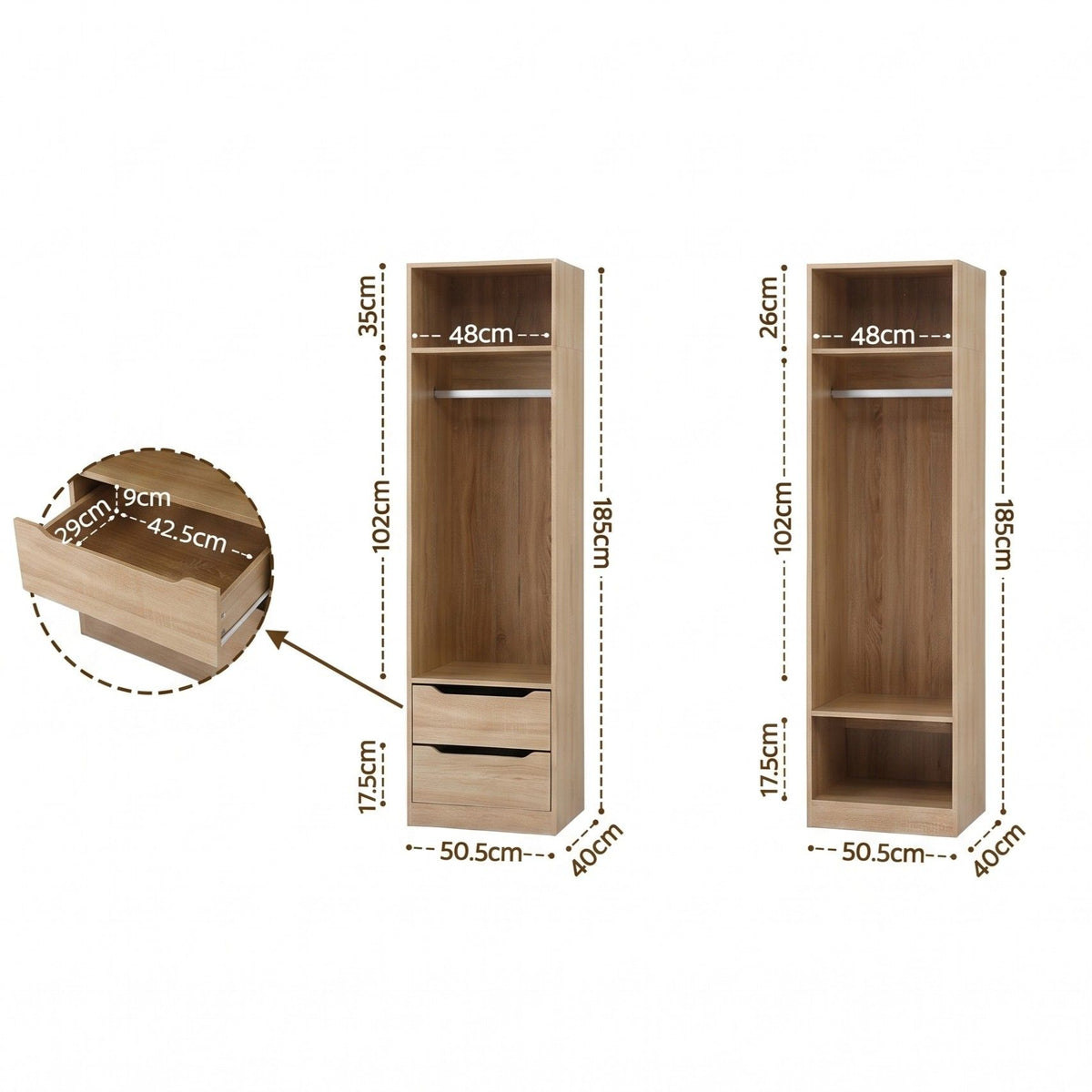 2X Wardrobe Clothes Closet Storage Organiser with Shelves and Drawers - Pine