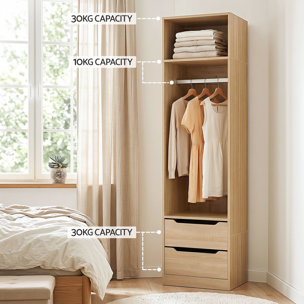 2X Wardrobe Clothes Closet Storage Organiser with Shelves and Drawers - Pine