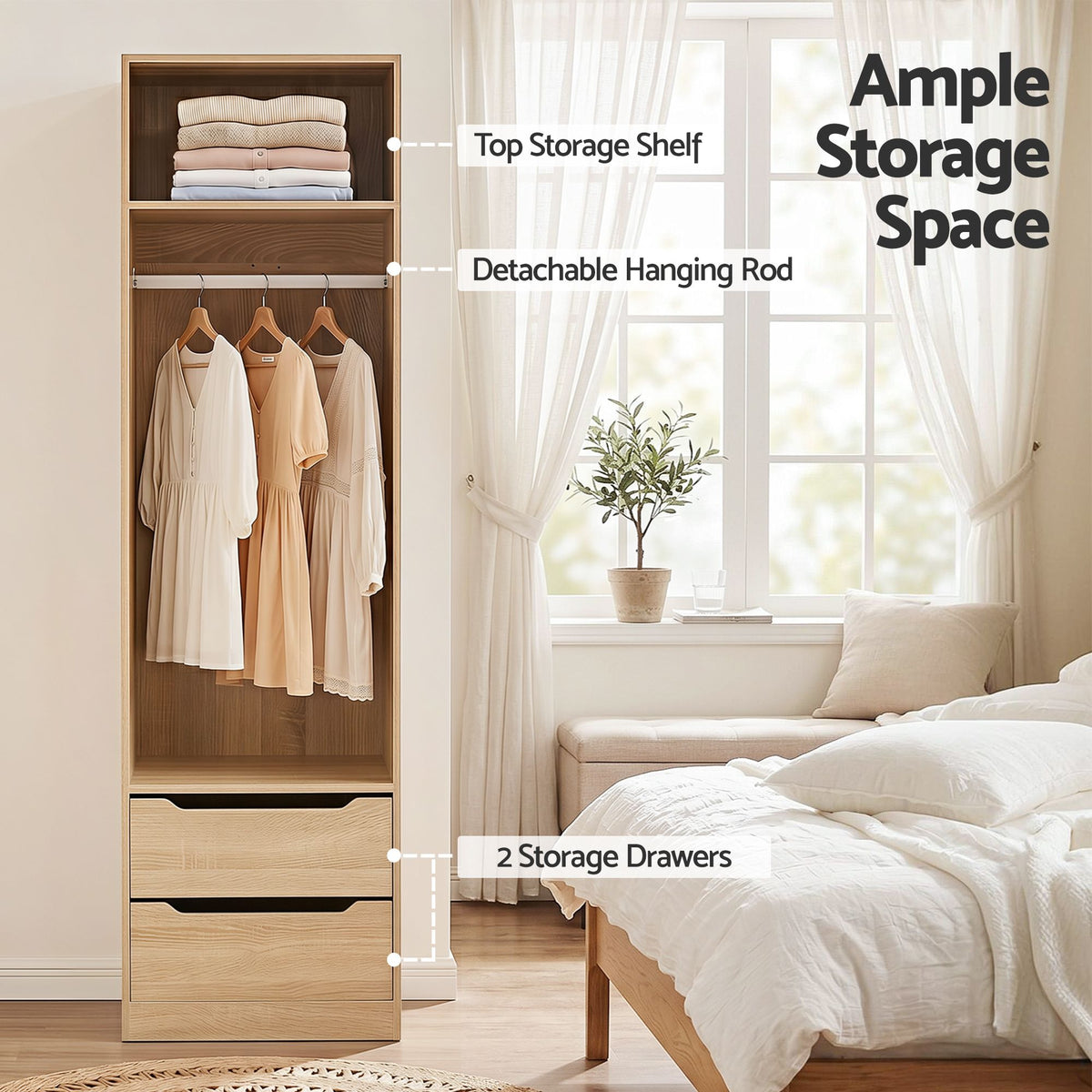 2X Wardrobe Clothes Closet Storage Organiser with Shelves and Drawers - Pine