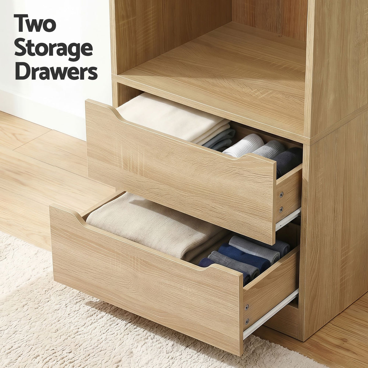 2X Wardrobe Clothes Closet Storage Organiser with Shelves and Drawers - Pine