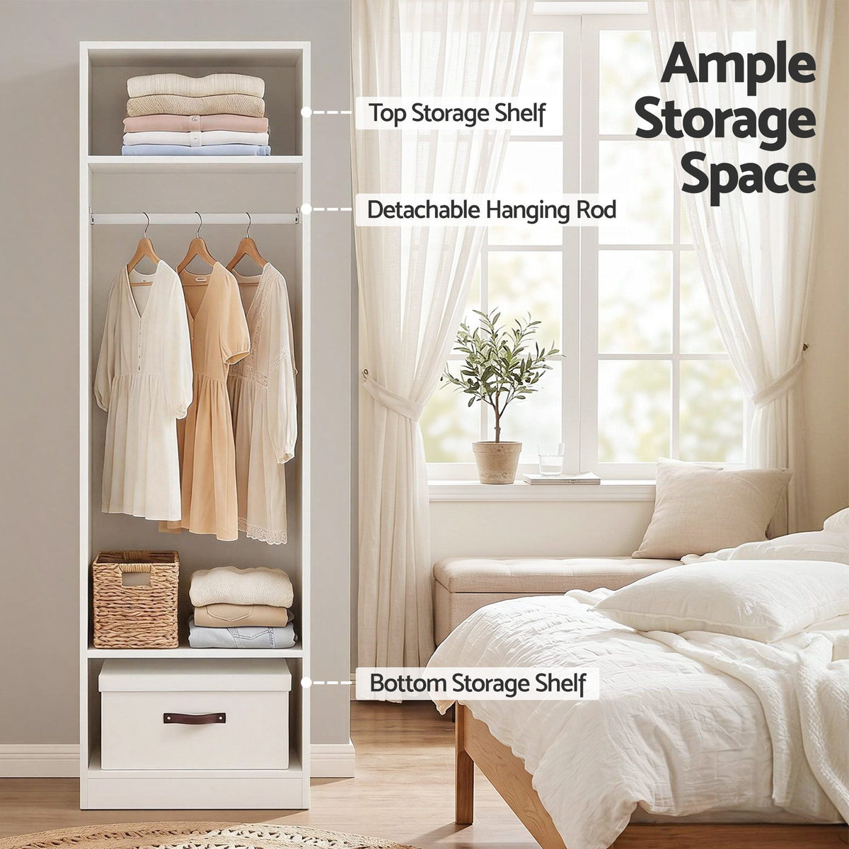 2-Piece Wardrobe Closet Storage Organiser with Shelves and Hanging Rod - White