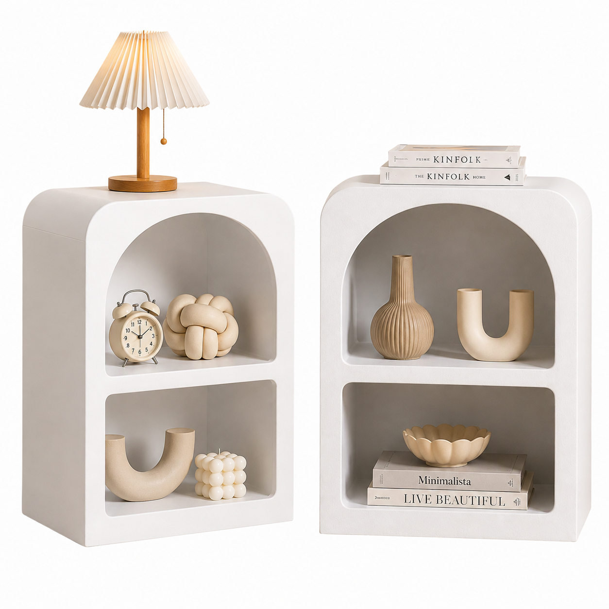 2x Bedside Table 2 Shelves - ARCHED White