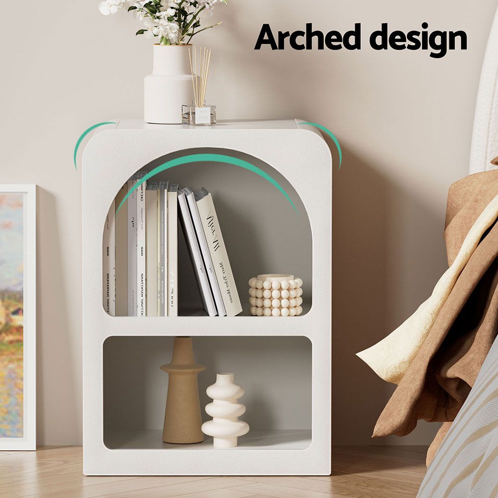 2x Bedside Table 2 Shelves - ARCHED White