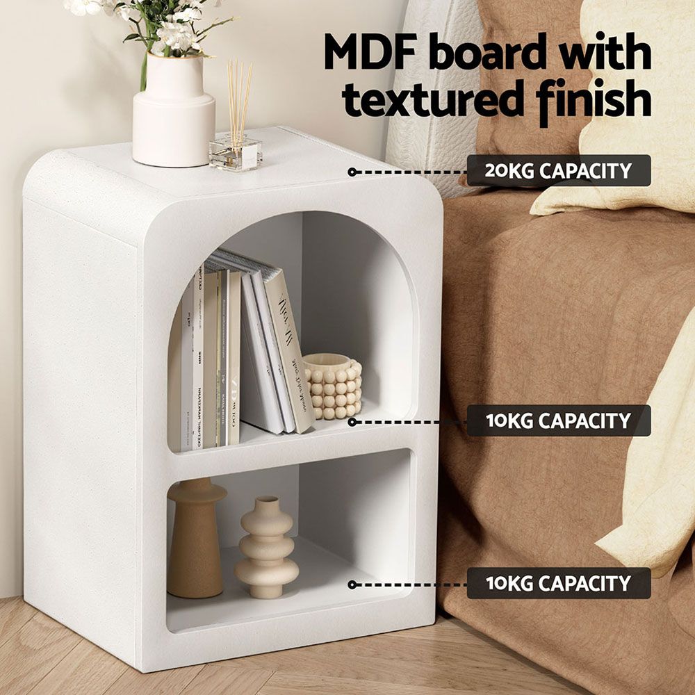 2x Bedside Table 2 Shelves - ARCHED White