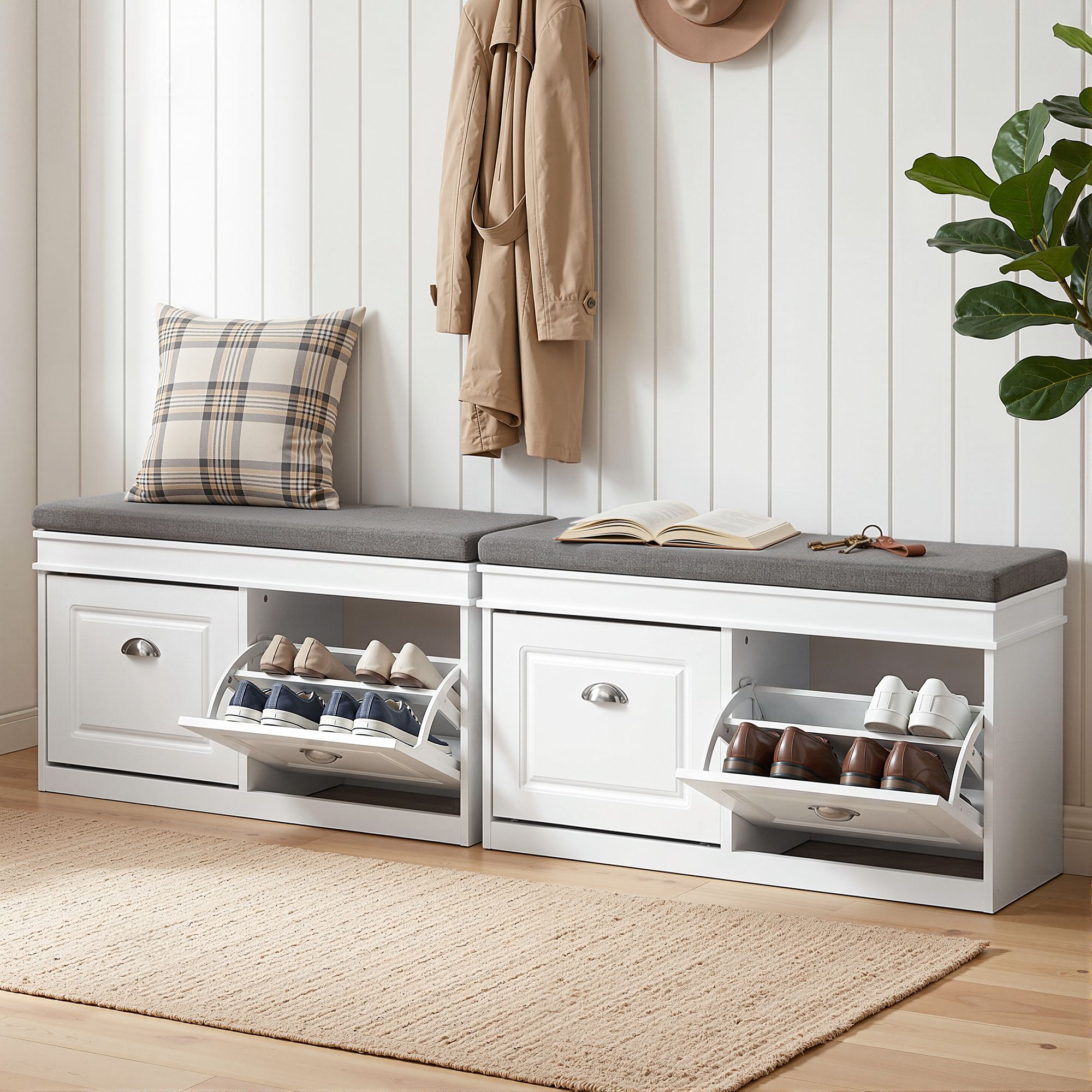 2x Shoe Bench Set Flip Drawer White
