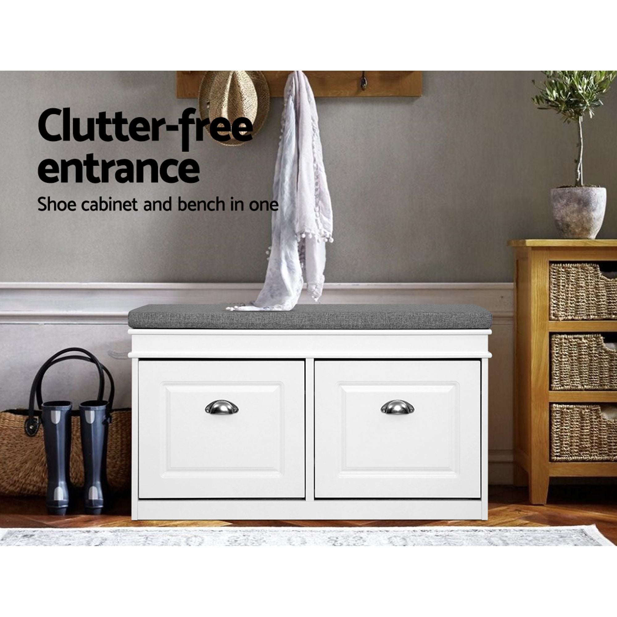 2x Shoe Bench Set Flip Drawer White