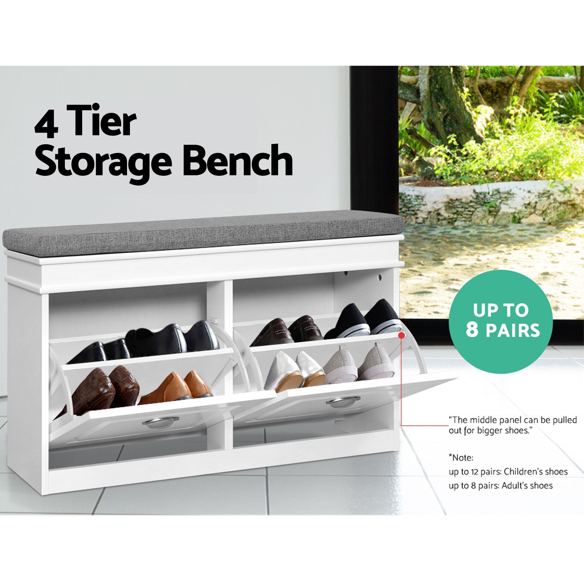 2x Shoe Bench Set Flip Drawer White