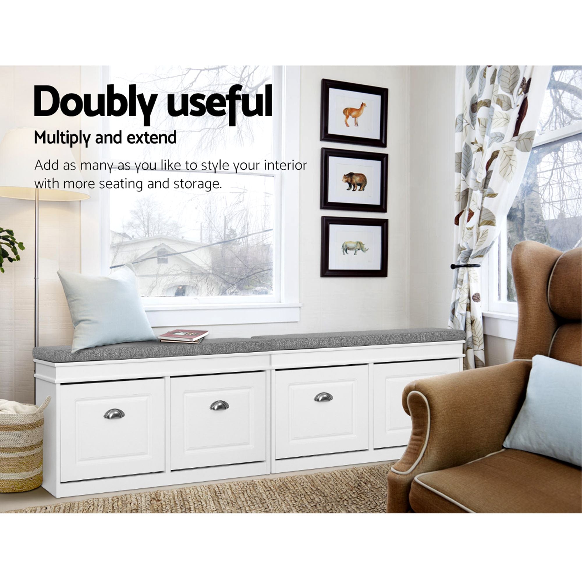 2x Shoe Bench Set Flip Drawer White