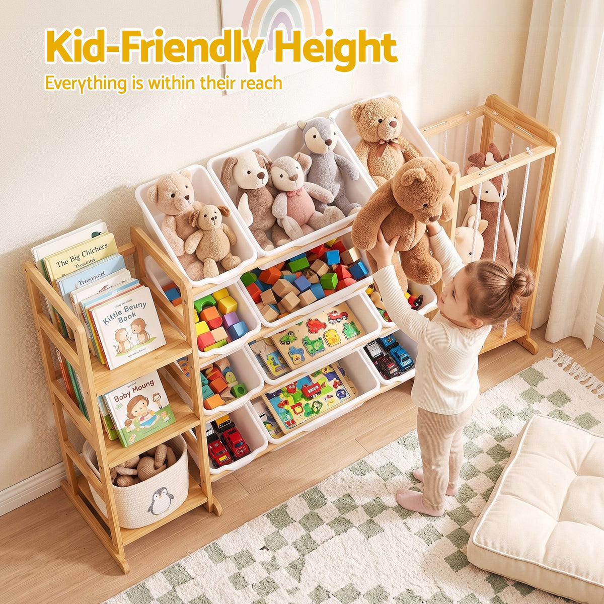 3-in-1 Kids Toy Storage Organiser with 12 Bins, Shelves & Animal Storage - Natural