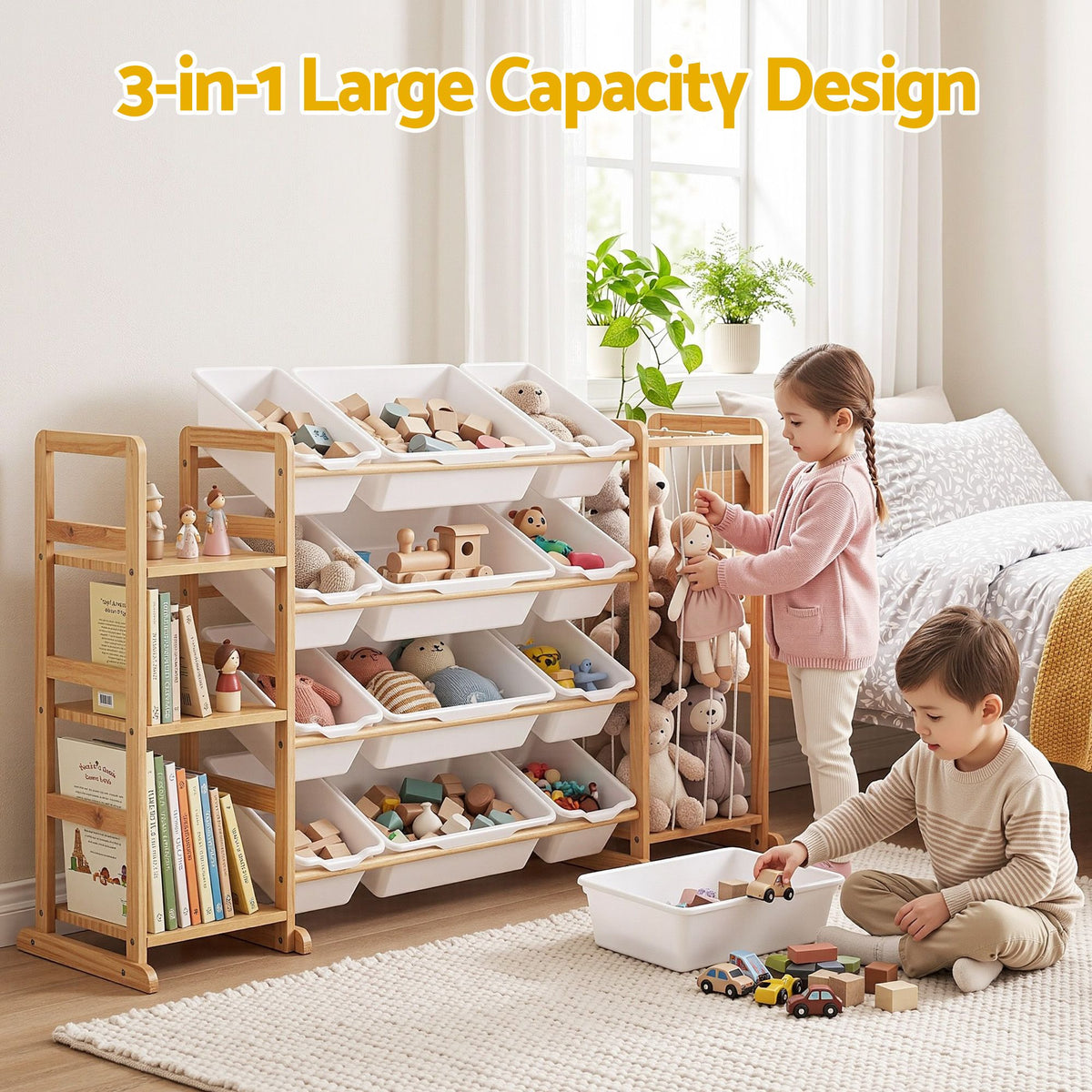 3-in-1 Kids Toy Storage Organiser with 12 Bins, Shelves & Animal Storage - Natural