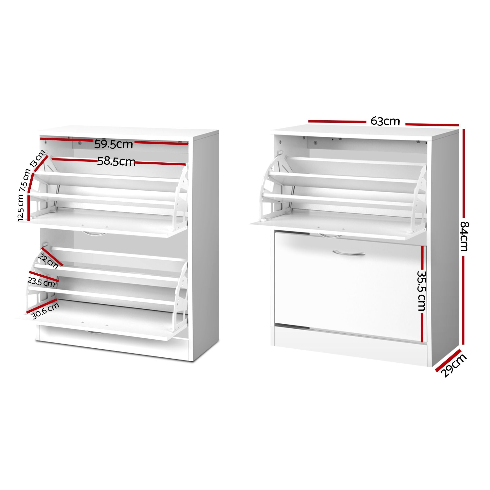 2x Shoe Cabinet Storage Organiser 2 Flip Drawer White