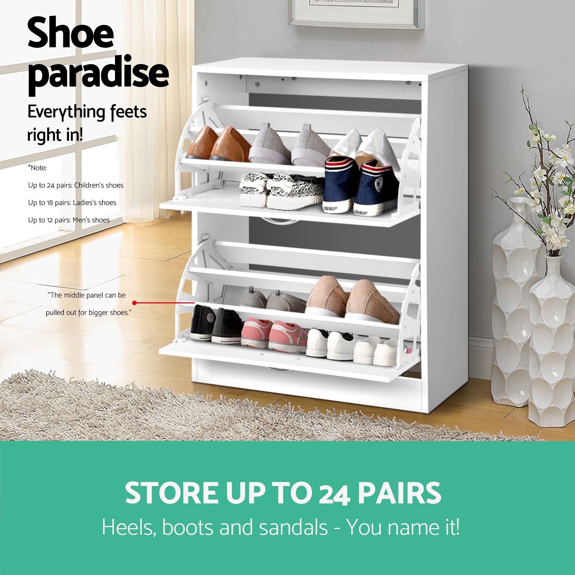 2x Shoe Cabinet Storage Organiser 2 Flip Drawer White