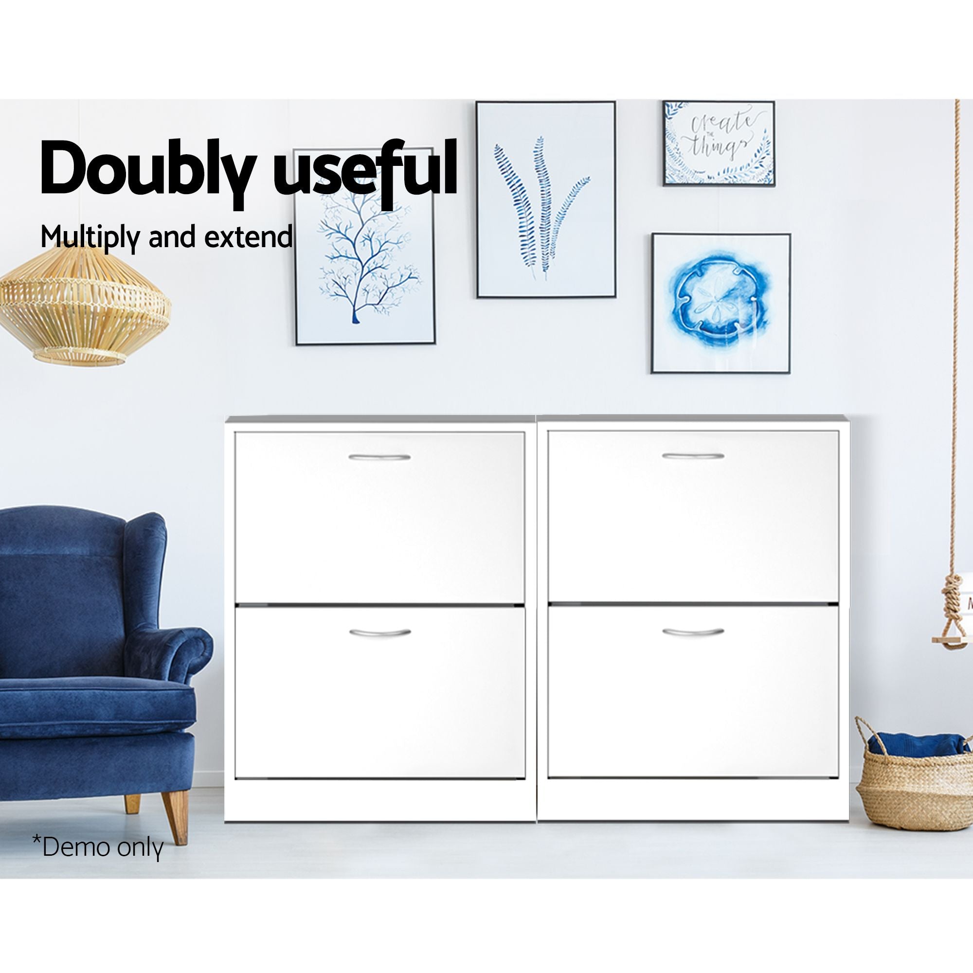 2x Shoe Cabinet Storage Organiser 2 Flip Drawer White