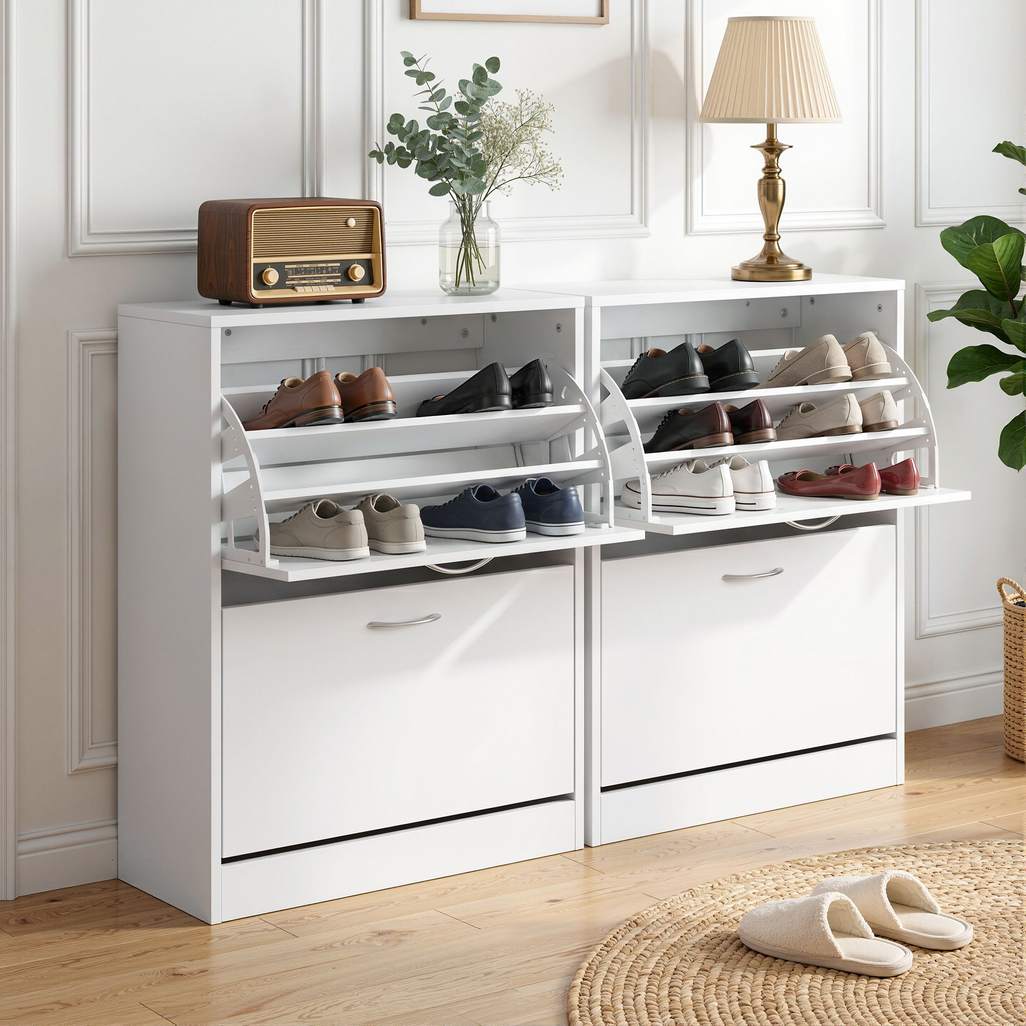 2x Shoe Cabinet Storage Organiser 2 Flip Drawer White