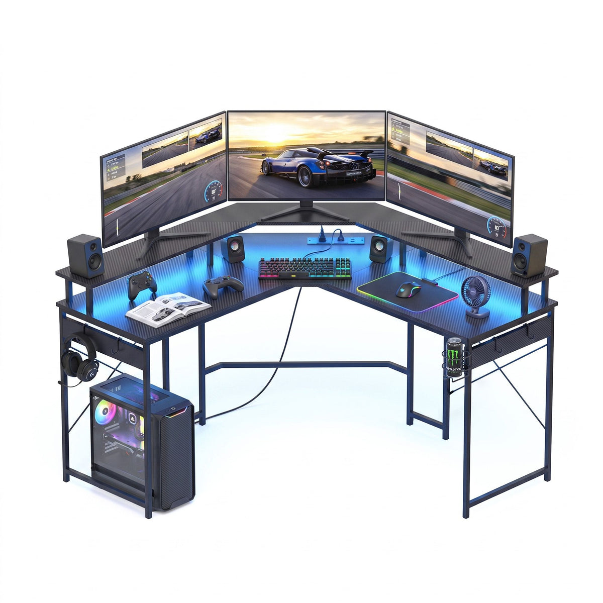 L-Shape Gaming Desk 130cm with RGB LED and Power Outlet - Black