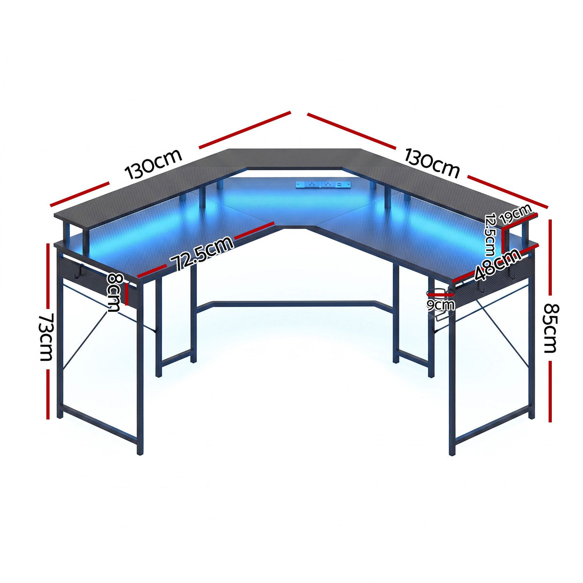 L-Shape Gaming Desk 130cm with RGB LED and Power Outlet - Black