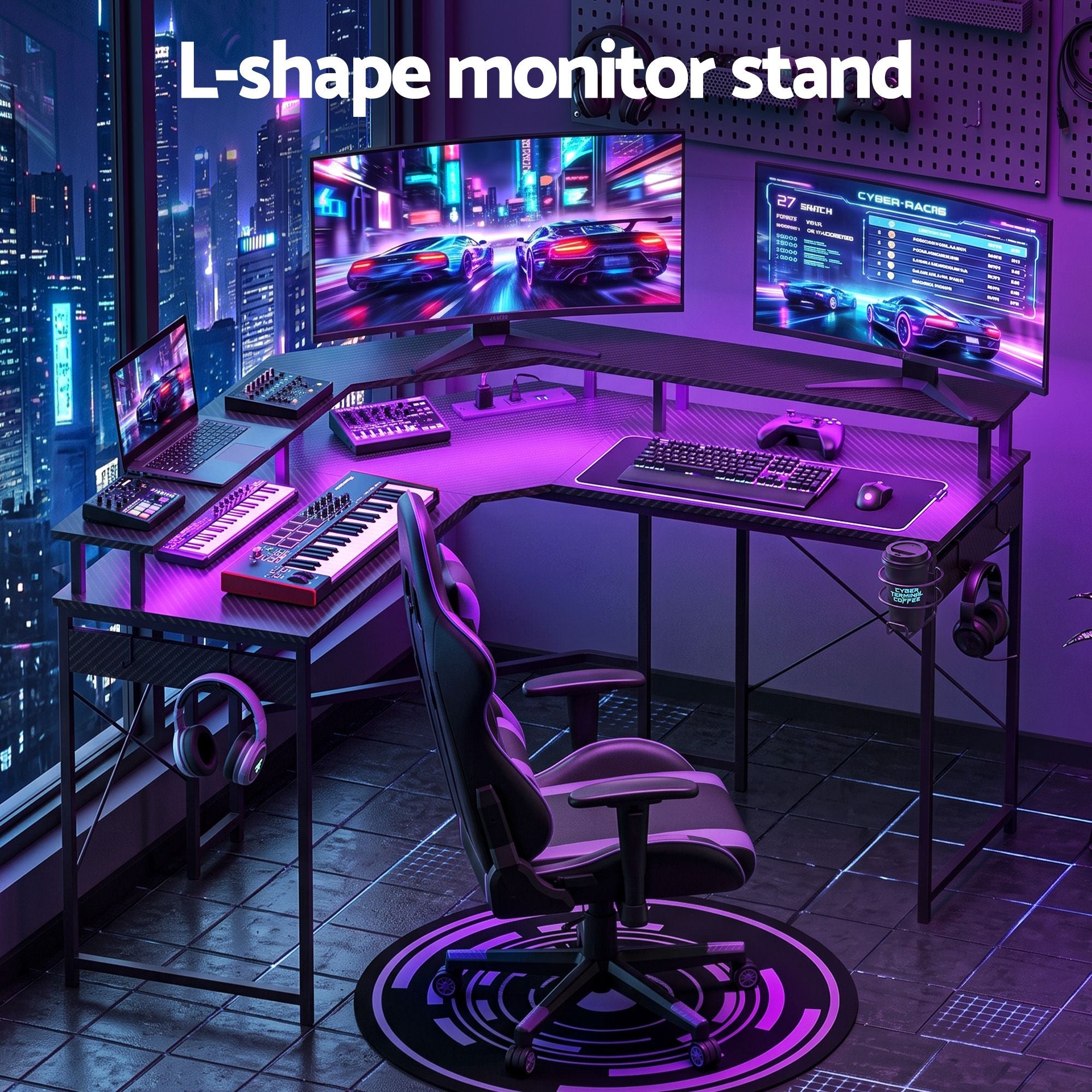 L-Shape Gaming Desk 130cm with RGB LED and Power Outlet - Black