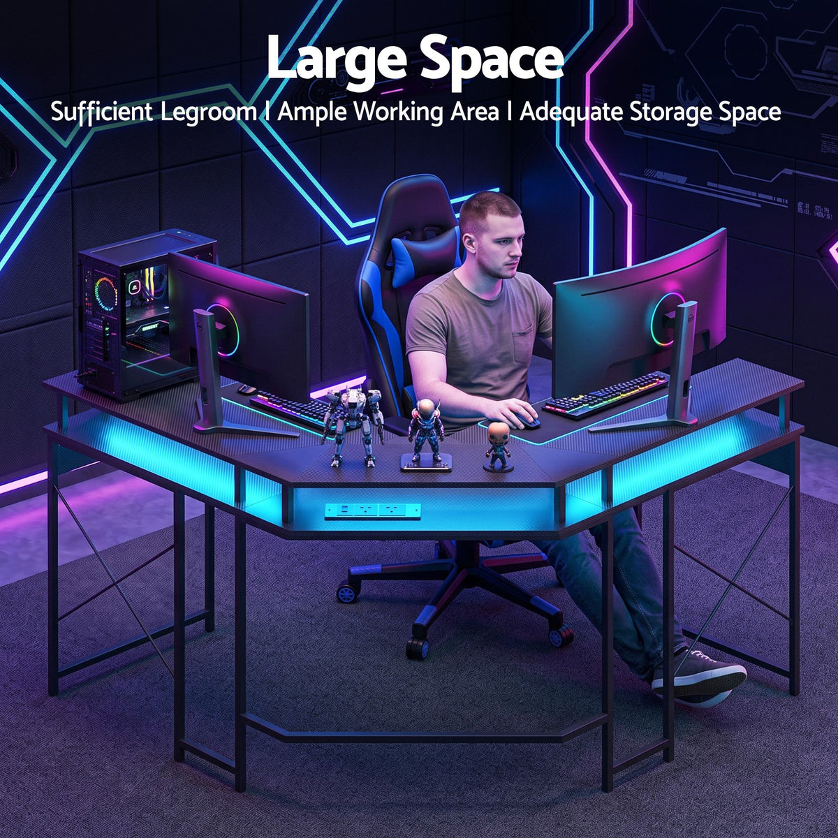 L-Shape Gaming Desk 130cm with RGB LED and Power Outlet - Black