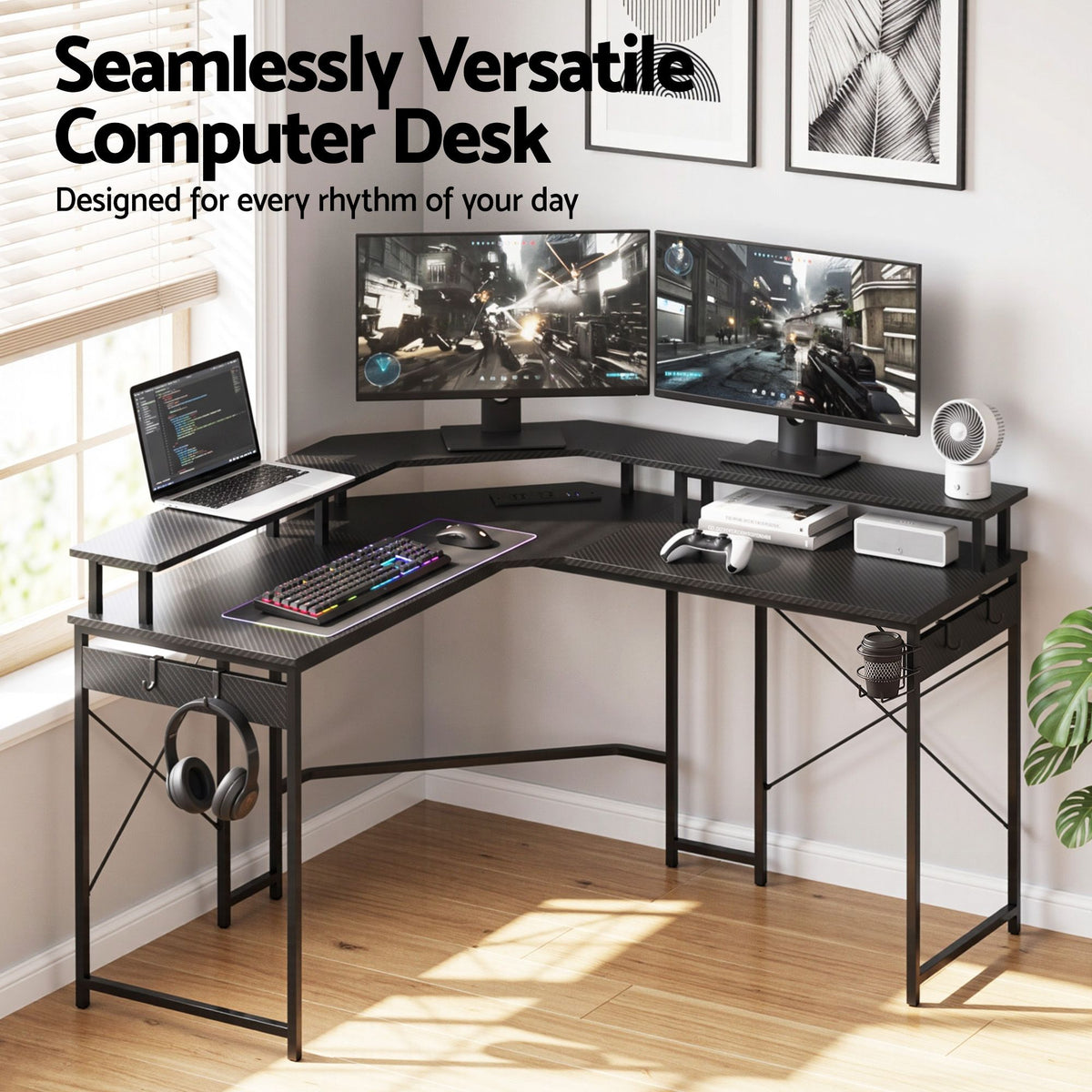 L-Shape Gaming Desk 130cm with RGB LED and Power Outlet - Black