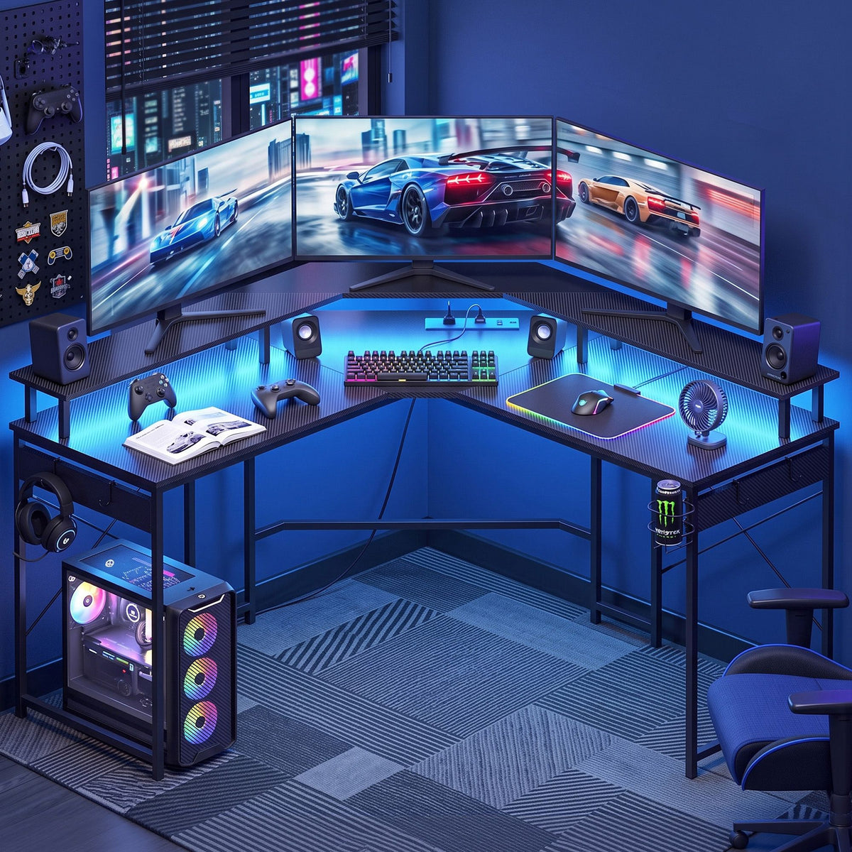 L-Shape Gaming Desk 130cm with RGB LED and Power Outlet - Black